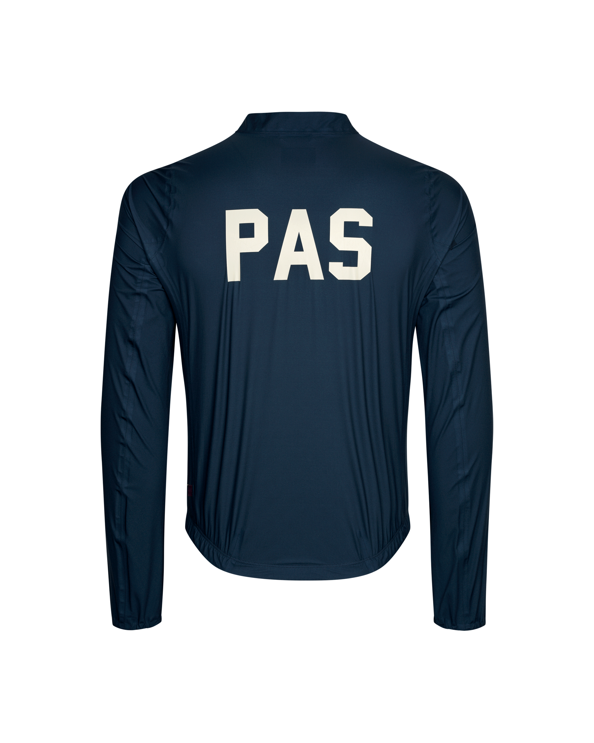 Navy PAS Mechanism Rain cycling jacket, rear view with white logo print