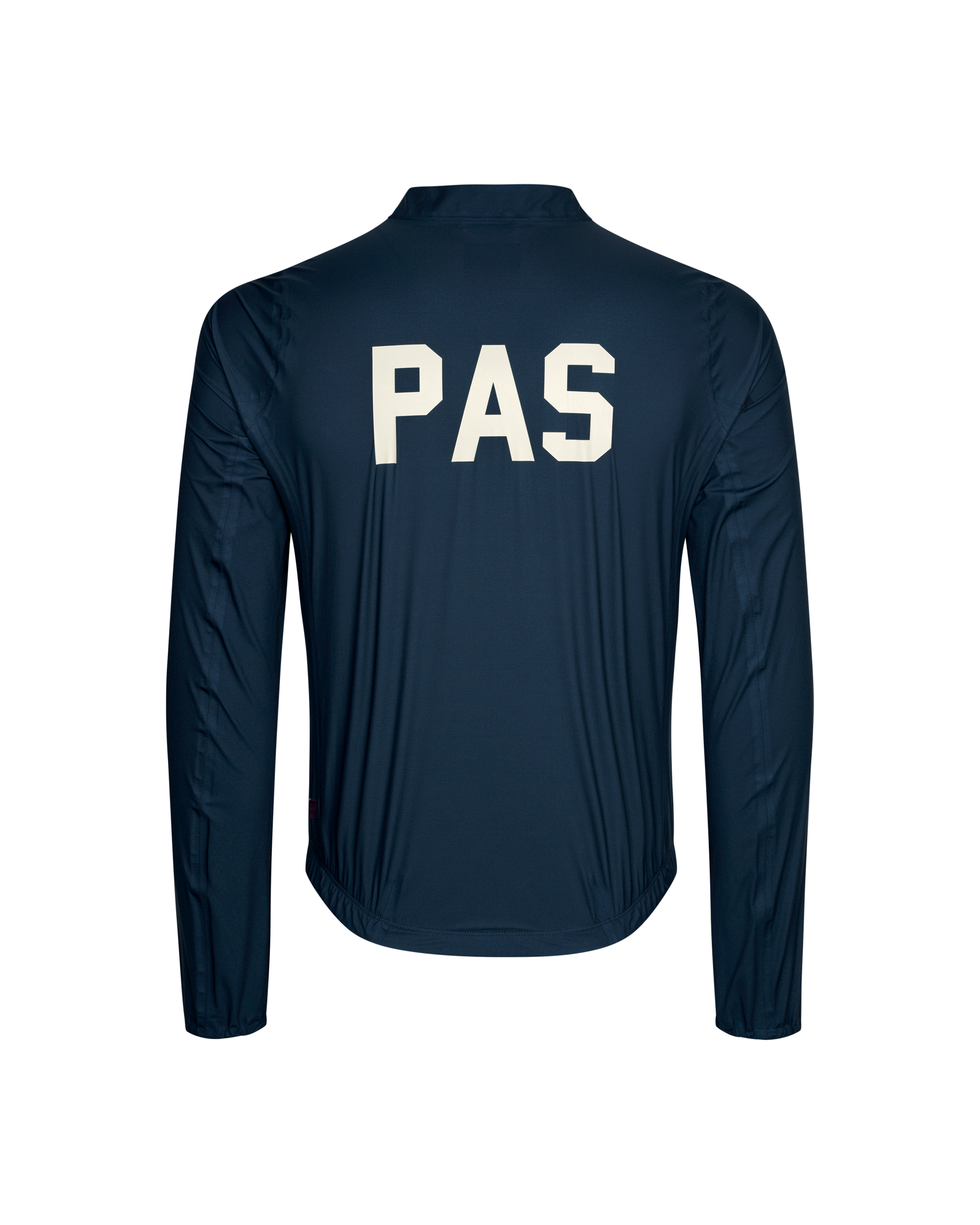 Navy PAS Mechanism Rain cycling jacket, rear view with white logo print
