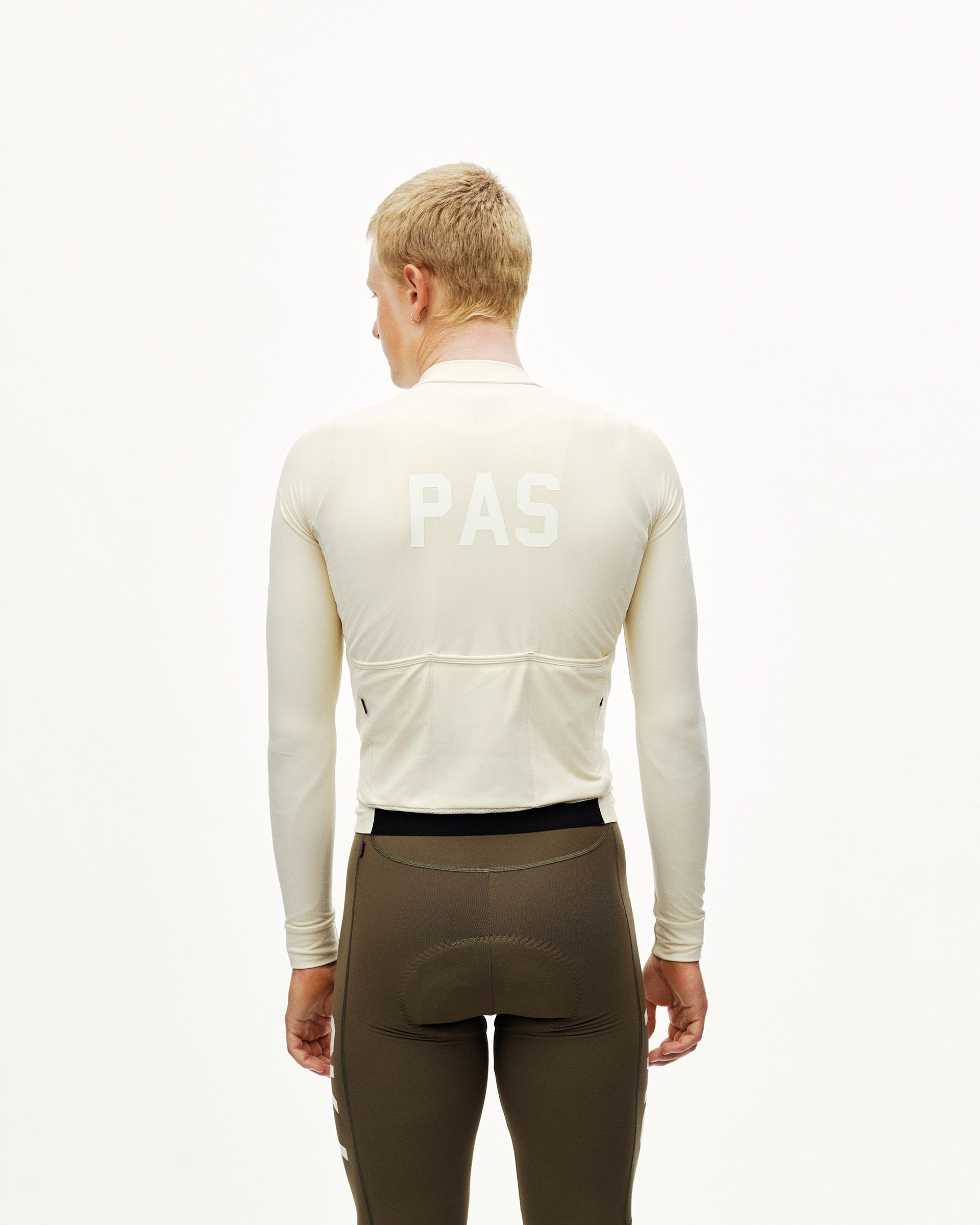 Sand PAS Mechanism long sleeve cycling jersey on model, rear view with tonal back print