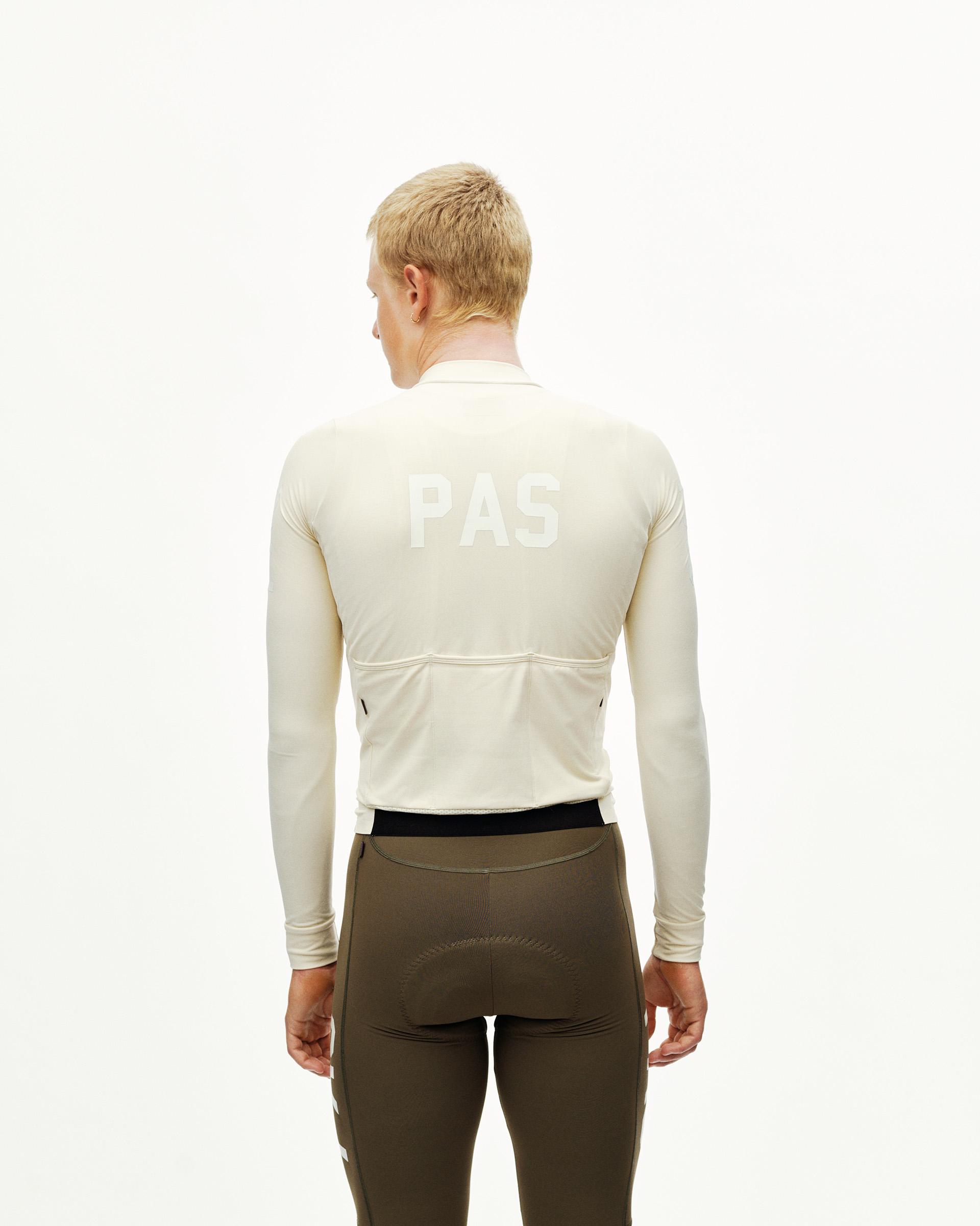 Sand PAS Mechanism long sleeve cycling jersey on model, rear view with tonal back print