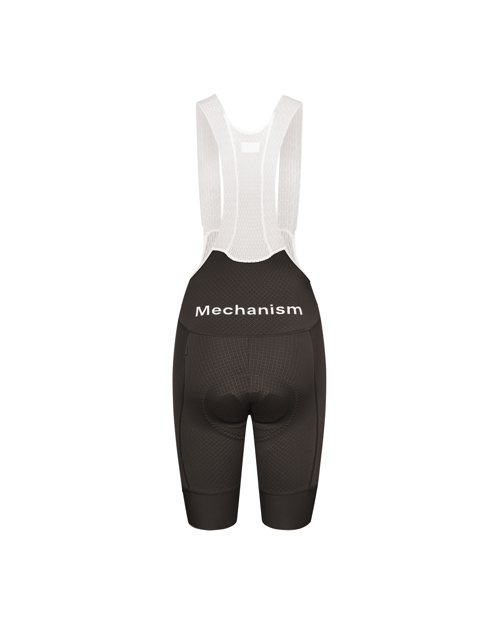 Dark Grey Mechanism cycling bibs, rear flat lay with white mesh bib straps