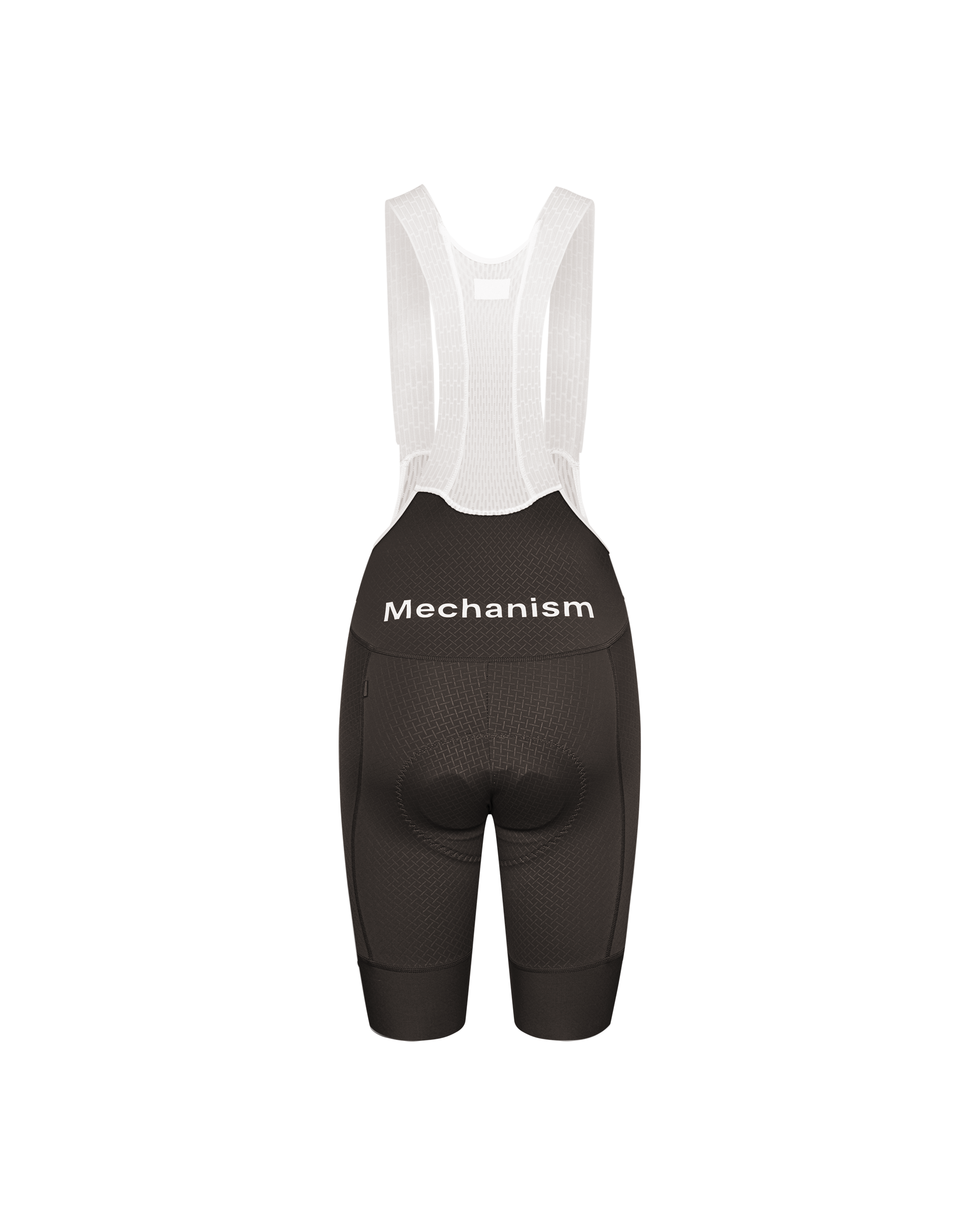 Dark Grey Mechanism cycling bibs, rear flat lay with white mesh bib straps