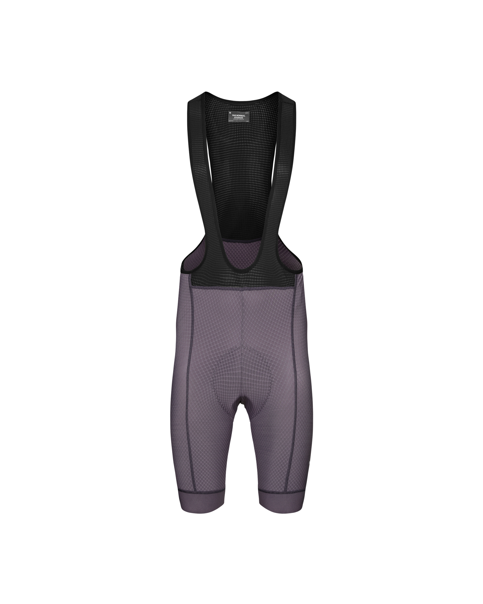 Iron Grey Essential cycling bibs, front flat lay with black mesh bib straps