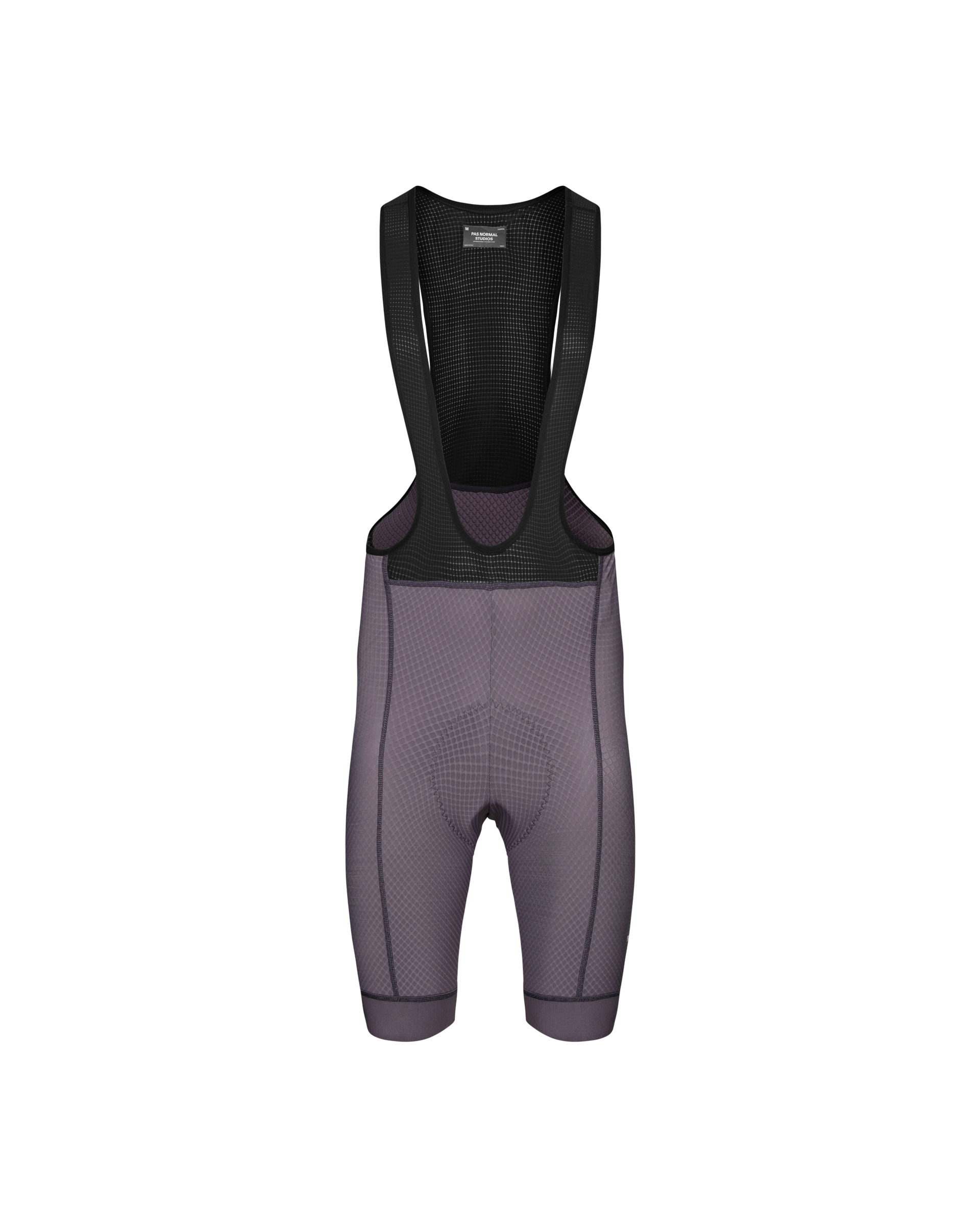 Iron Grey Essential cycling bibs, front flat lay with black mesh bib straps