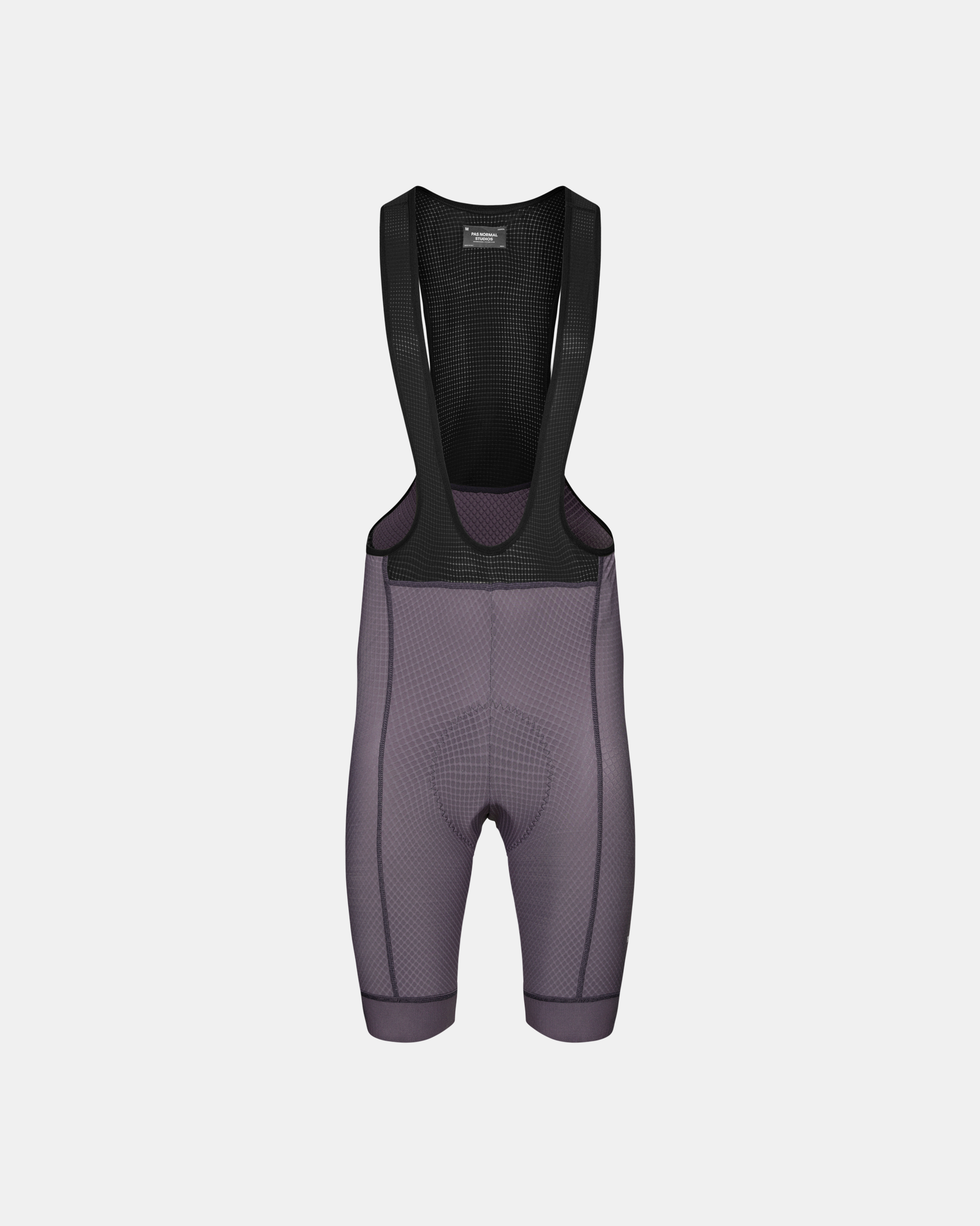 Iron Grey Essential cycling bibs, front flat lay with black mesh bib straps