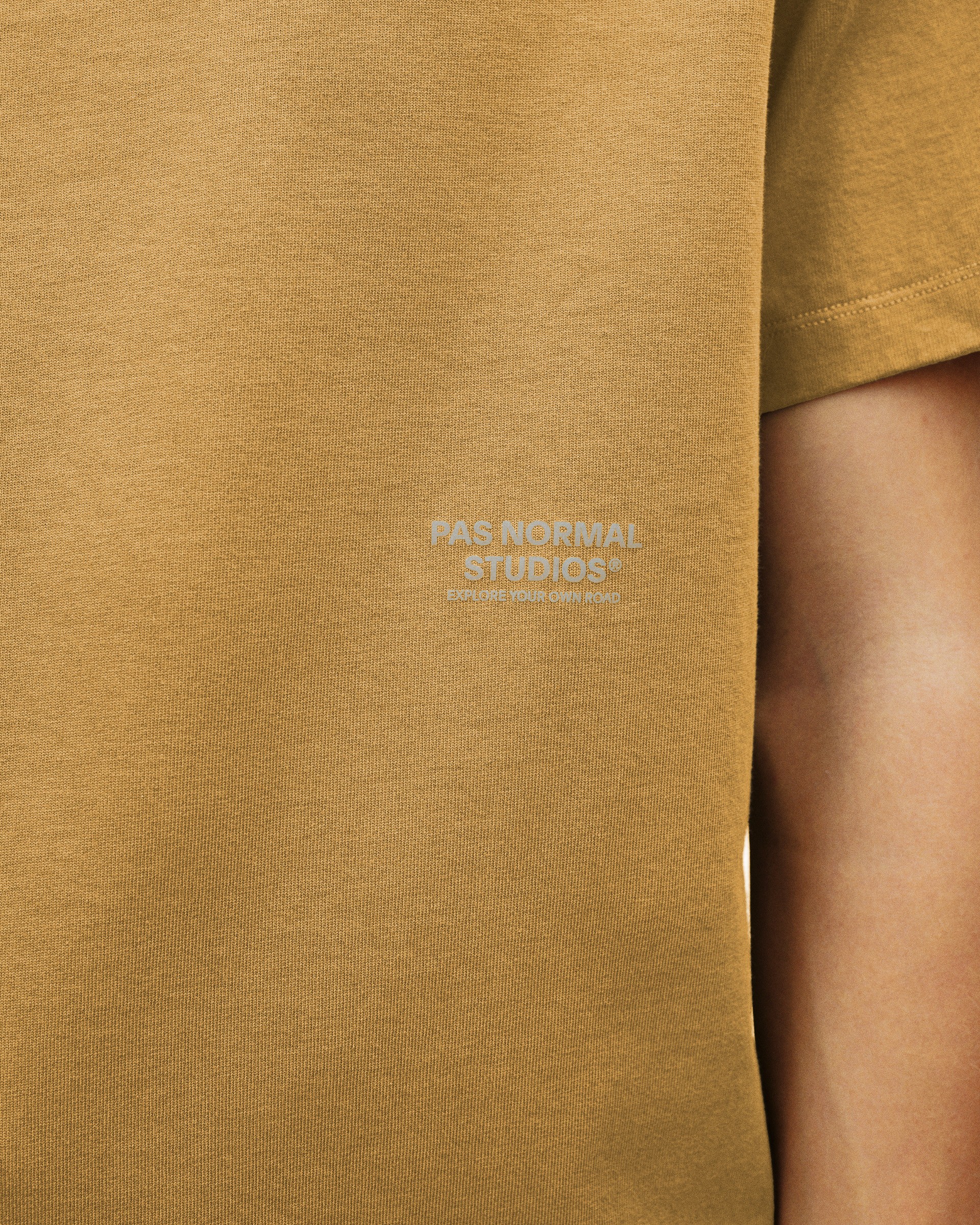 Brown Off-Race T-shirt, chest detail view on model with tonal logo print