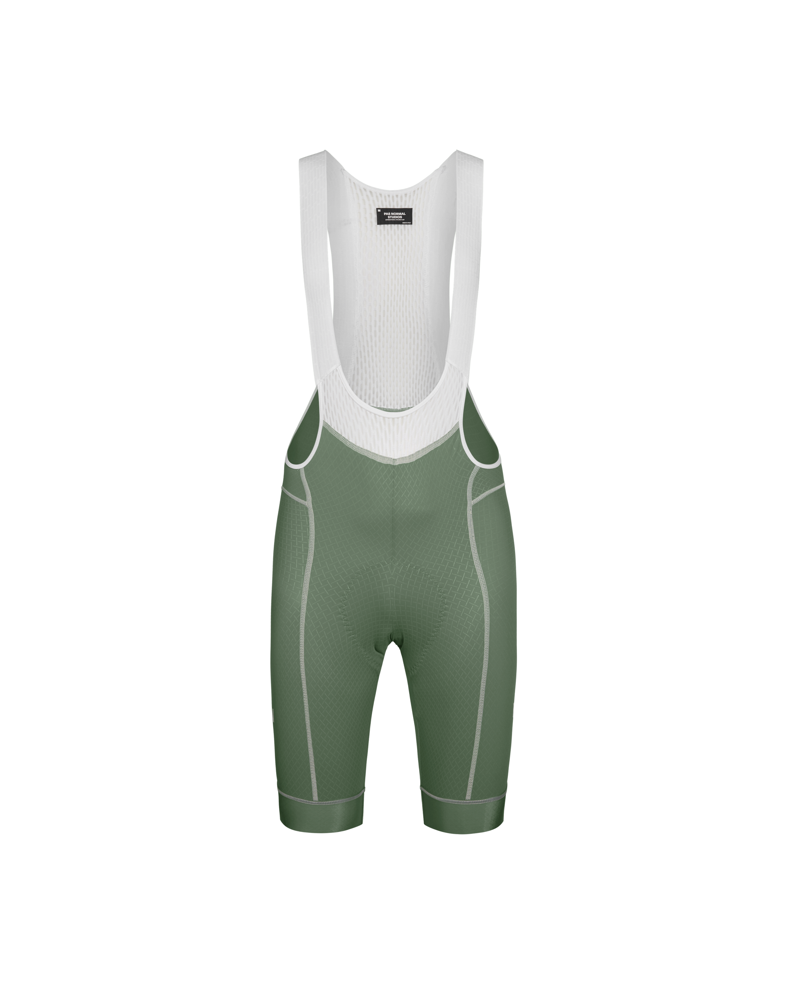 Khaki Green Mechanism cycling bibs, front flat lay with white mesh bib and contrast stitching