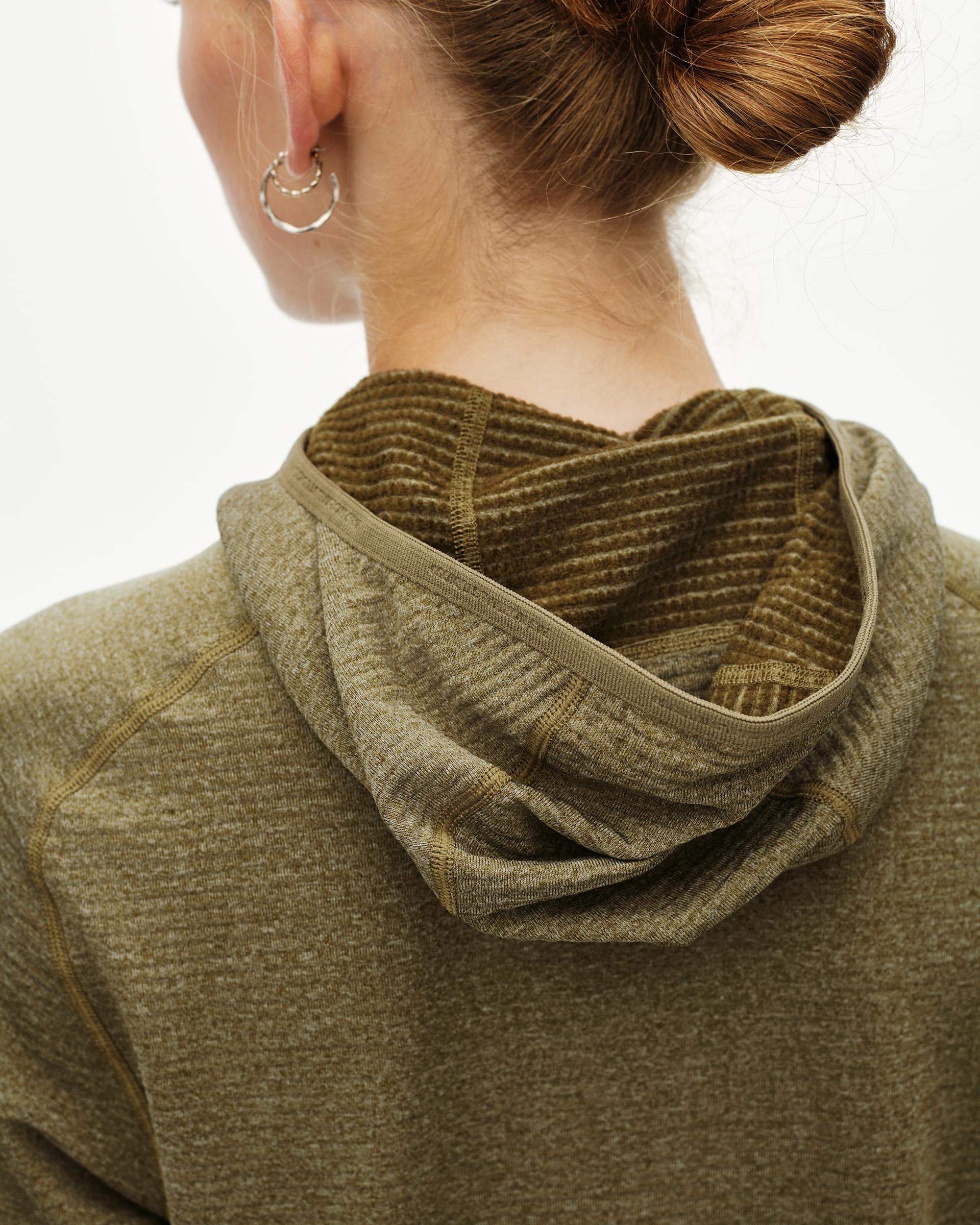 Moss Brown Balance Thermal hoodie on model, rear detail view with ribbed hood lining