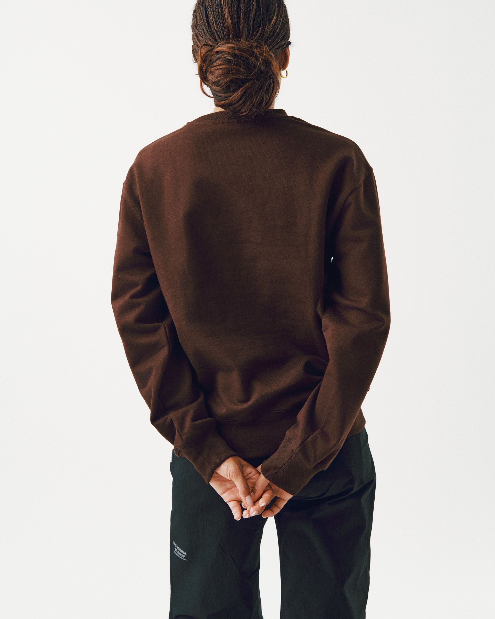 Brown Off-Race sweatshirt, rear view on model