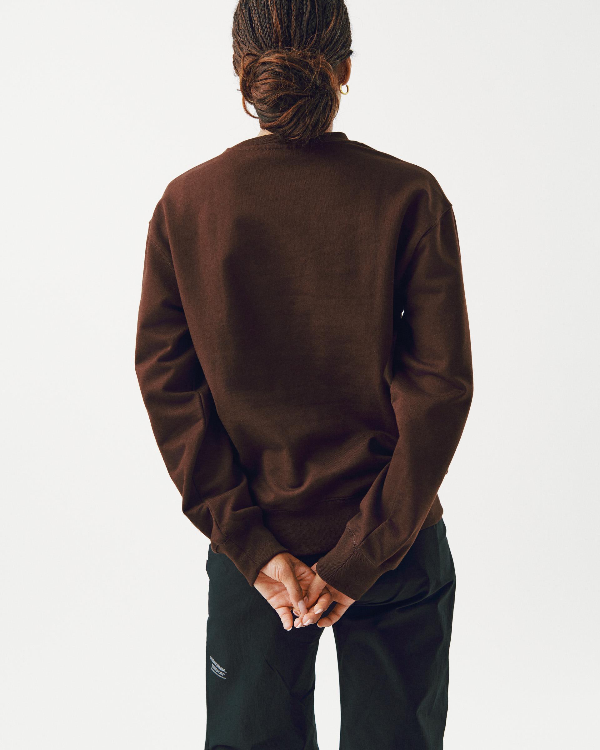 Brown Off-Race sweatshirt, rear view on model