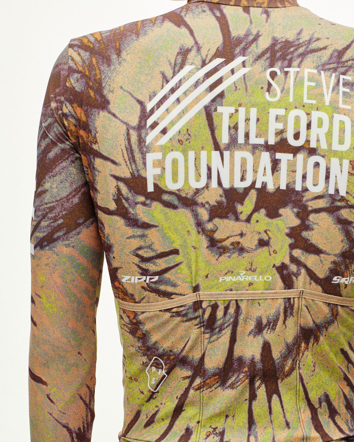 Beige STFR Mechanism long sleeve speedsuit, rear view with Steve Tilford Foundation print