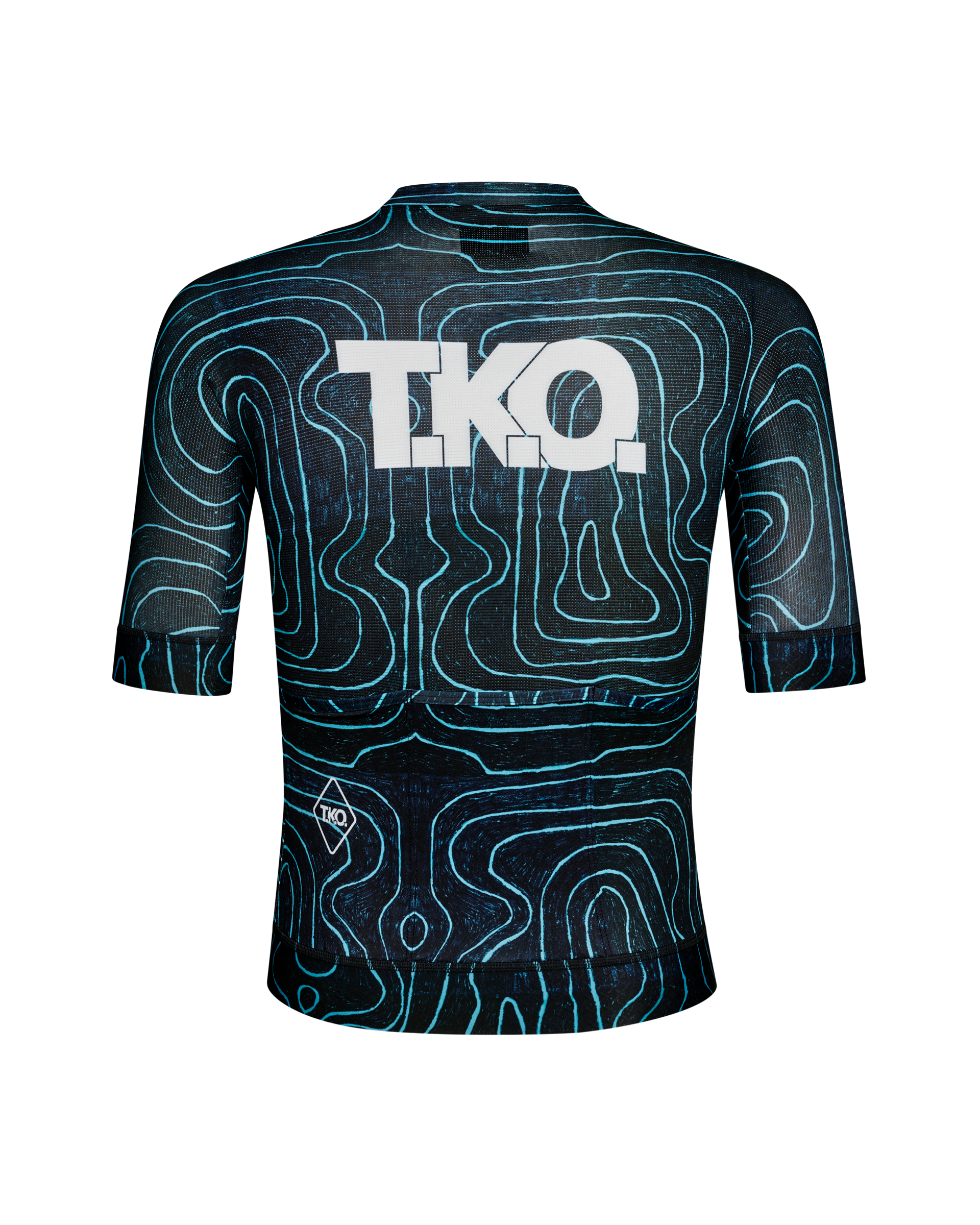 Blue T.K.O. Mechanism cycling jersey, rear flat lay with teal topographic print and white back logo