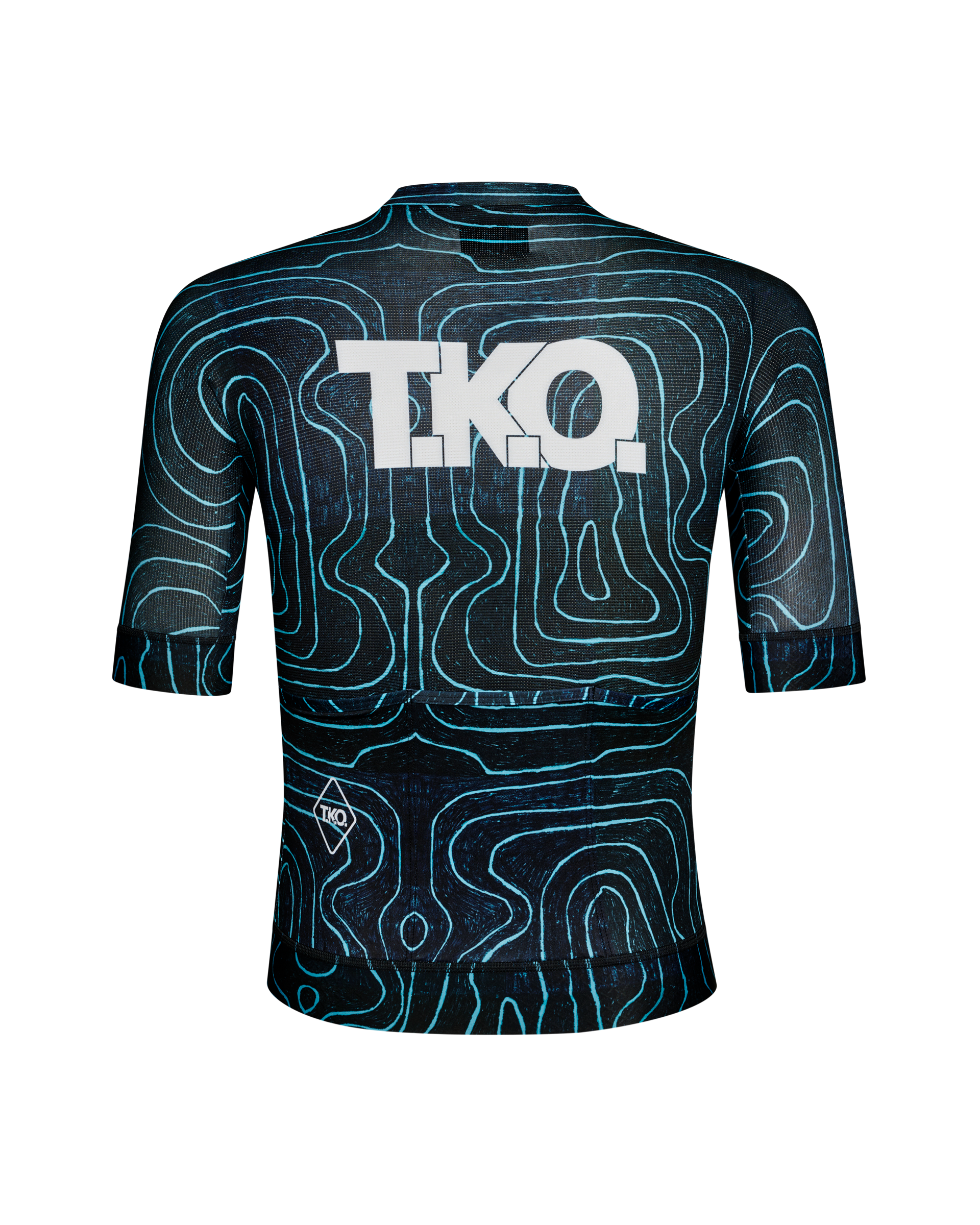 Blue T.K.O. Mechanism cycling jersey, rear flat lay with teal topographic print and white back logo