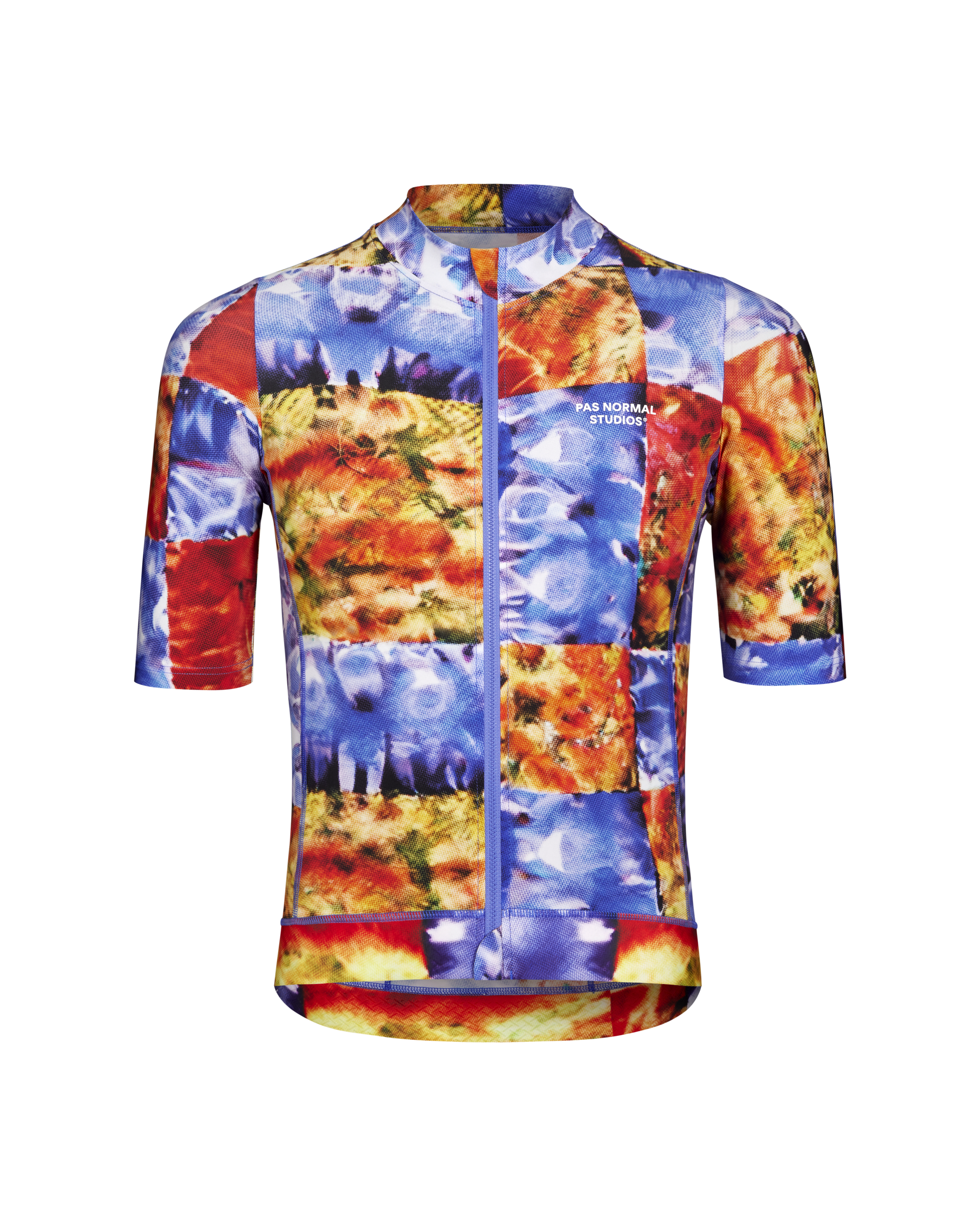 Multi Essential cycling jersey, front view with kaleidoscope patchwork print