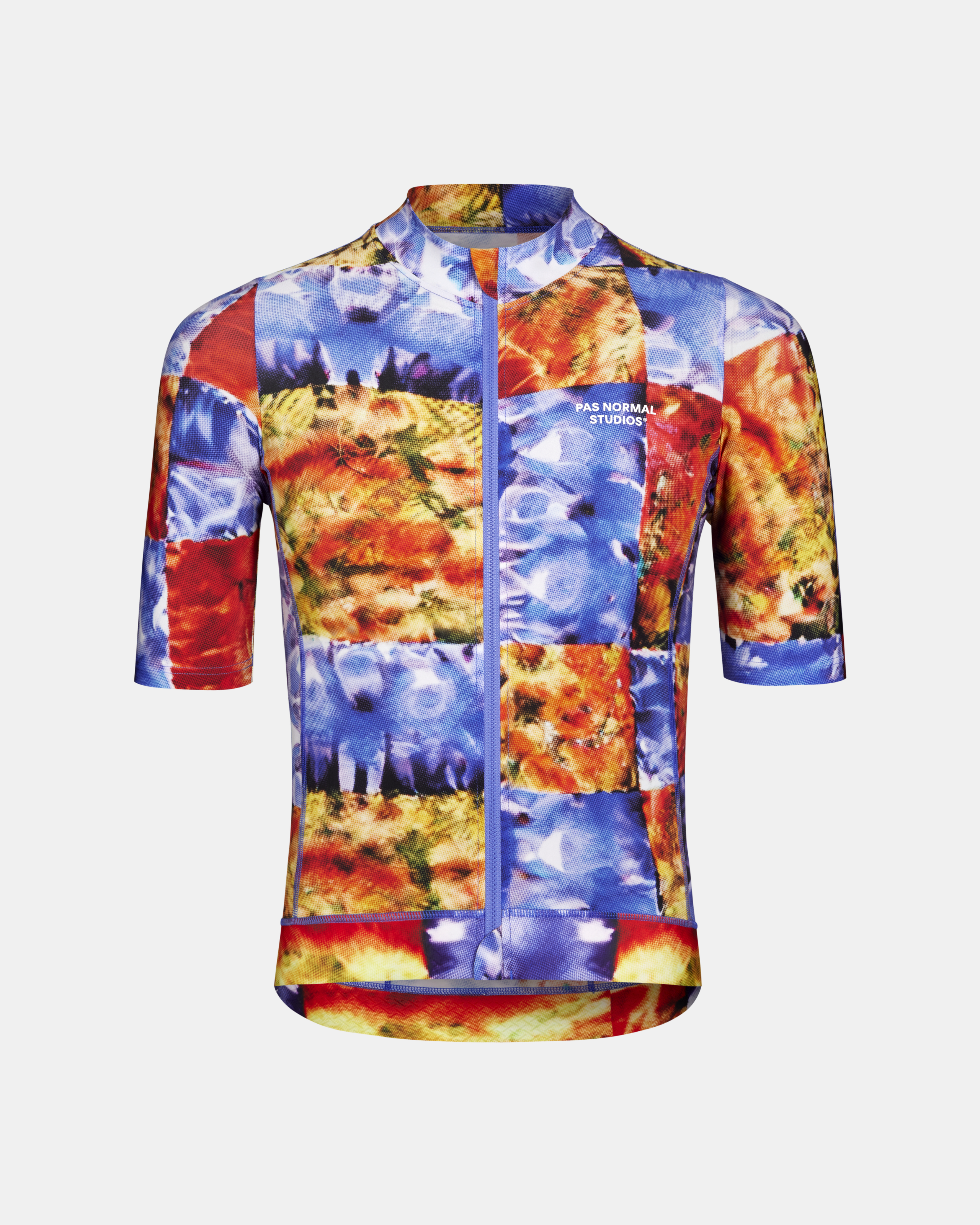 Multi Essential cycling jersey, front view with kaleidoscope patchwork print