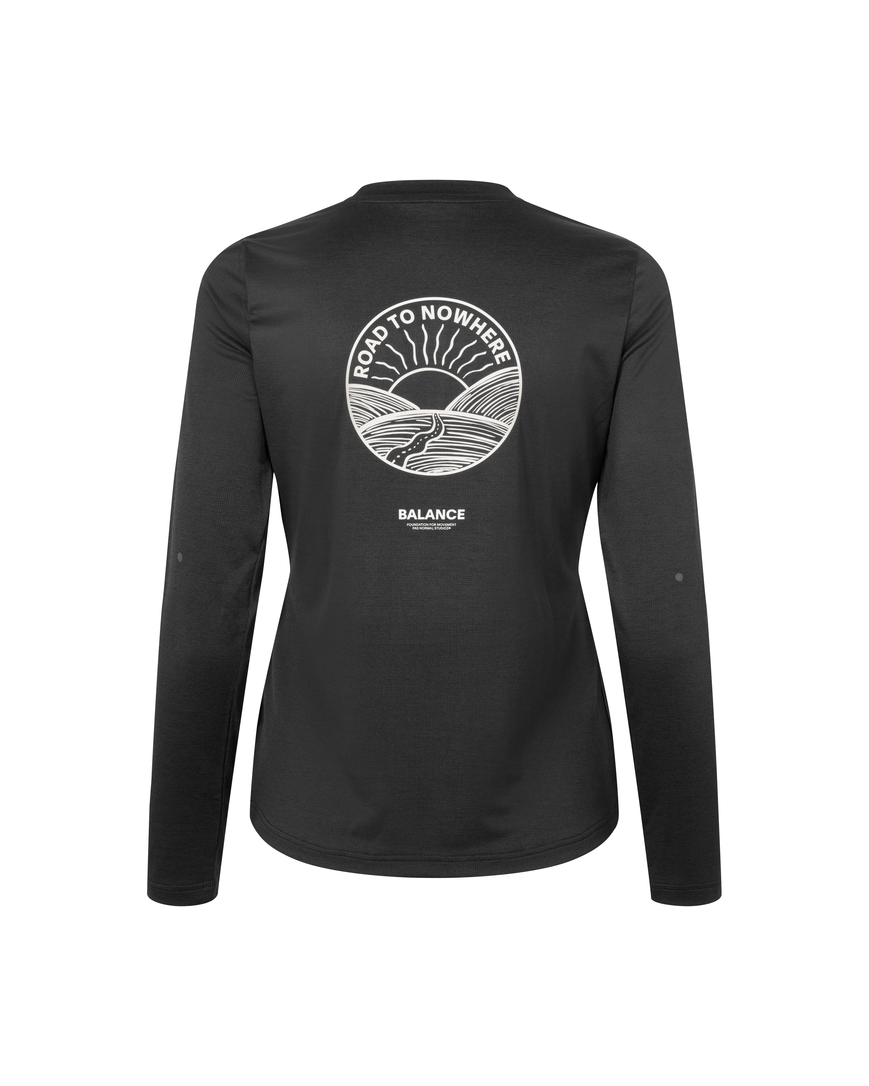 Black Balance long sleeve t-shirt, rear view with white Road To Nowhere circular graphic