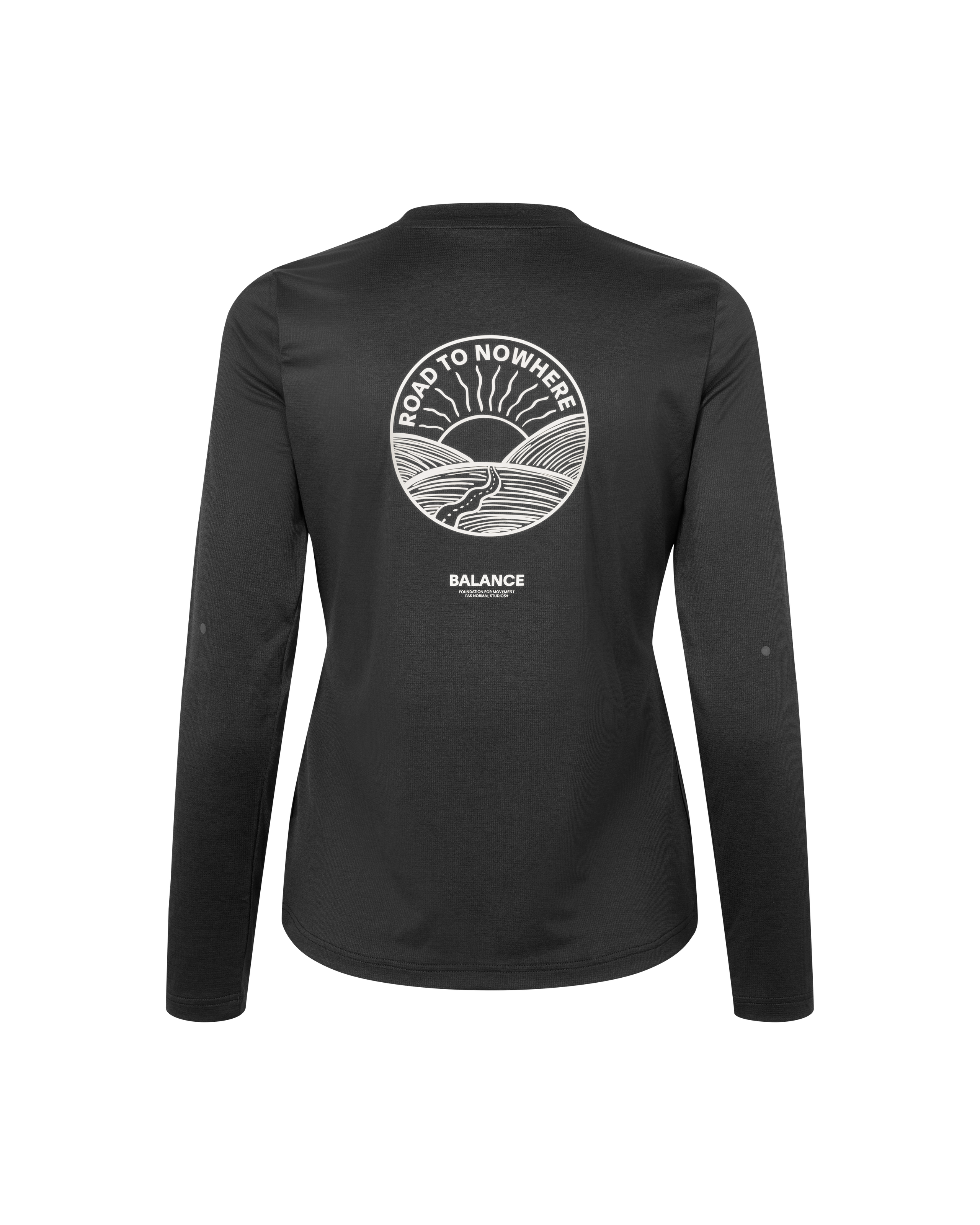 Black Balance long sleeve t-shirt, rear view with white Road To Nowhere circular graphic