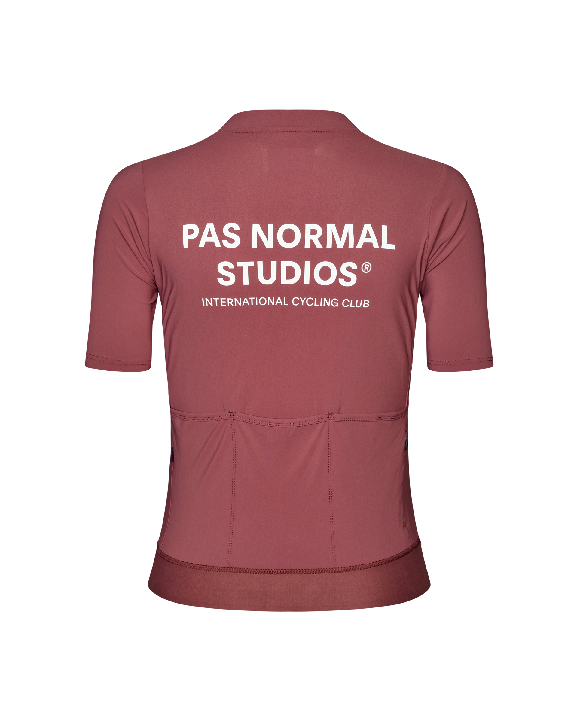 Purple Essential cycling jersey, rear view with white back print and rear pockets
