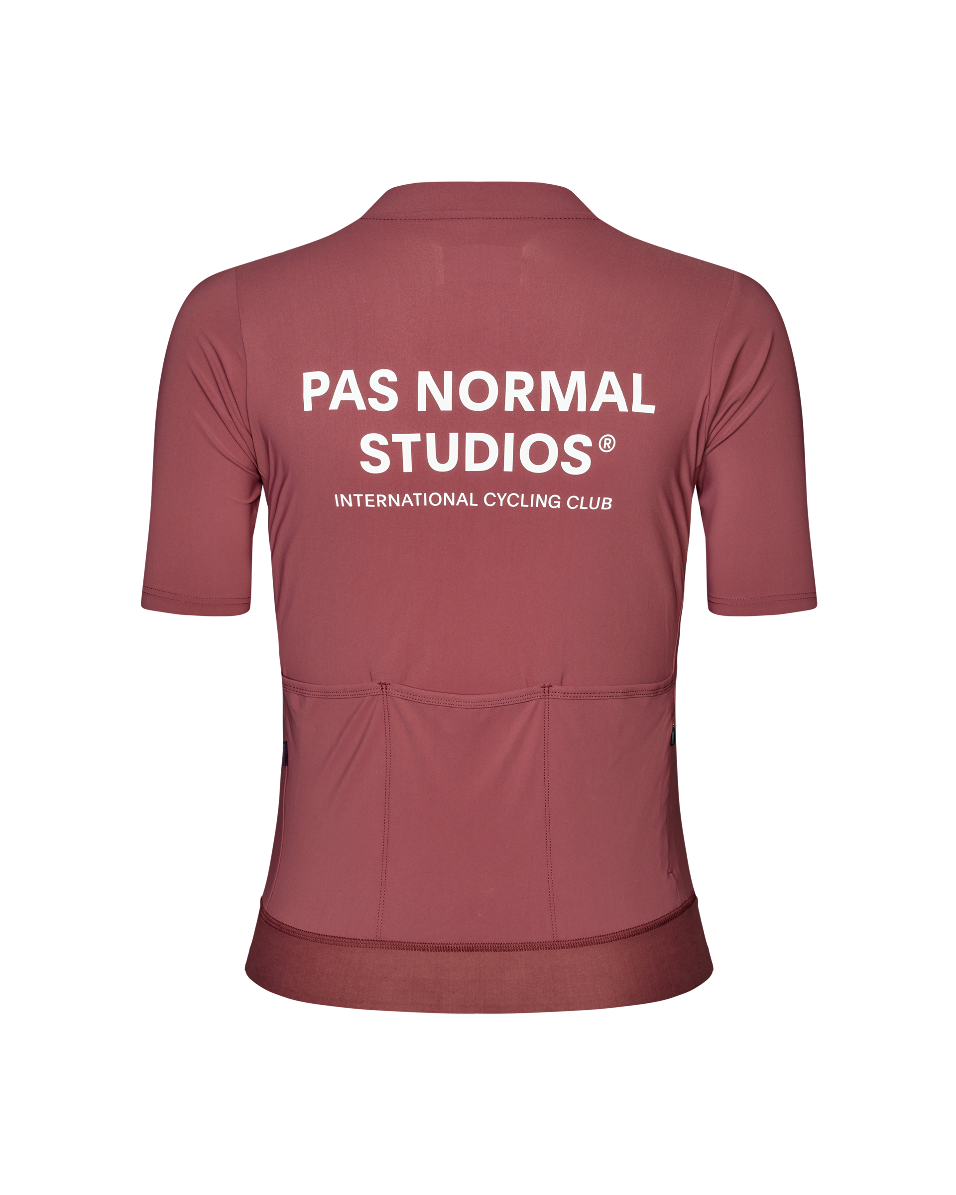 Purple Essential cycling jersey, rear view with white back print and rear pockets