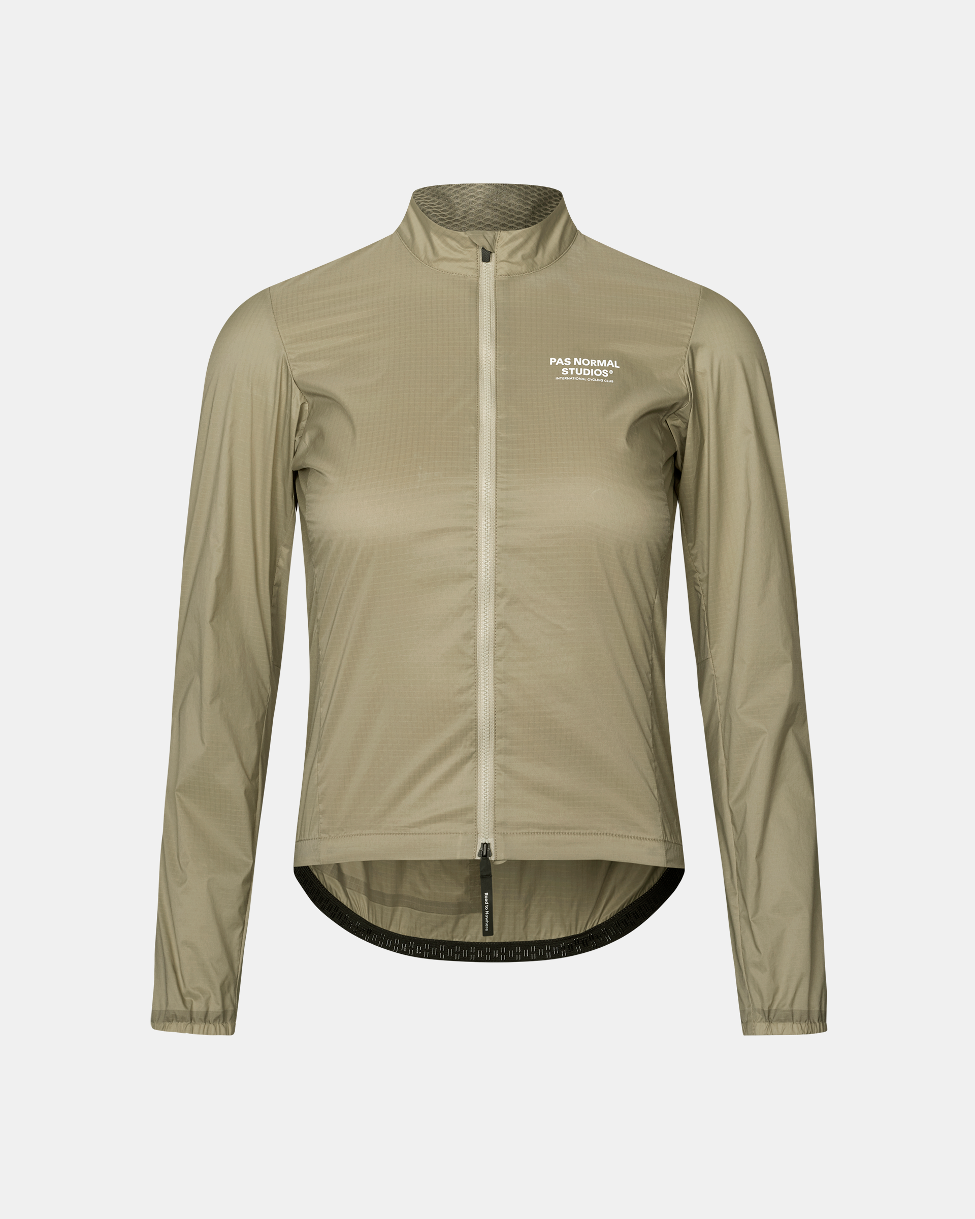 Grey Sage Essential Insulated women's cycling jacket, front flat lay with full zip and white chest logo
