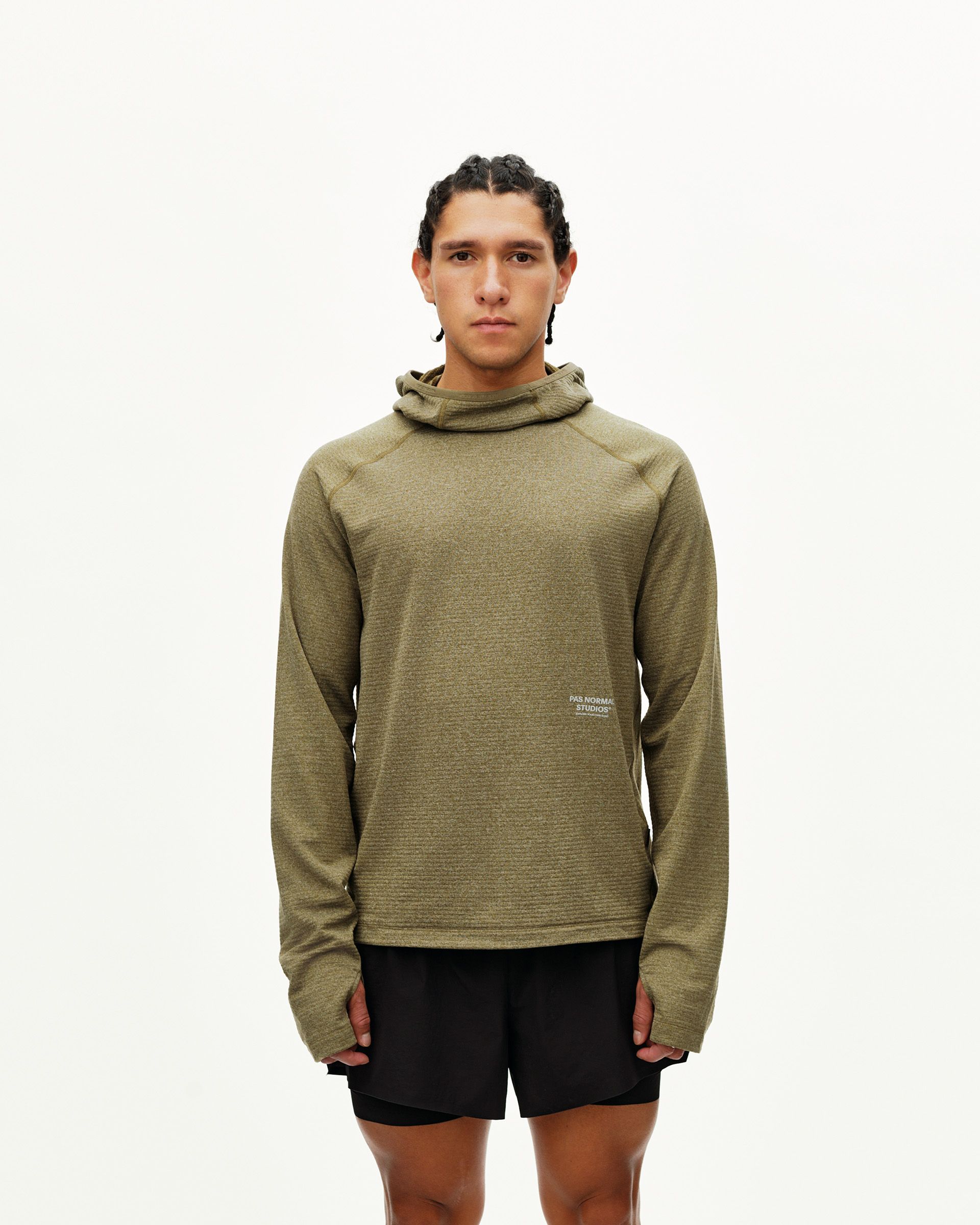Moss Brown Balance Thermal hoodie on model, front view with ribbed texture and small chest logo