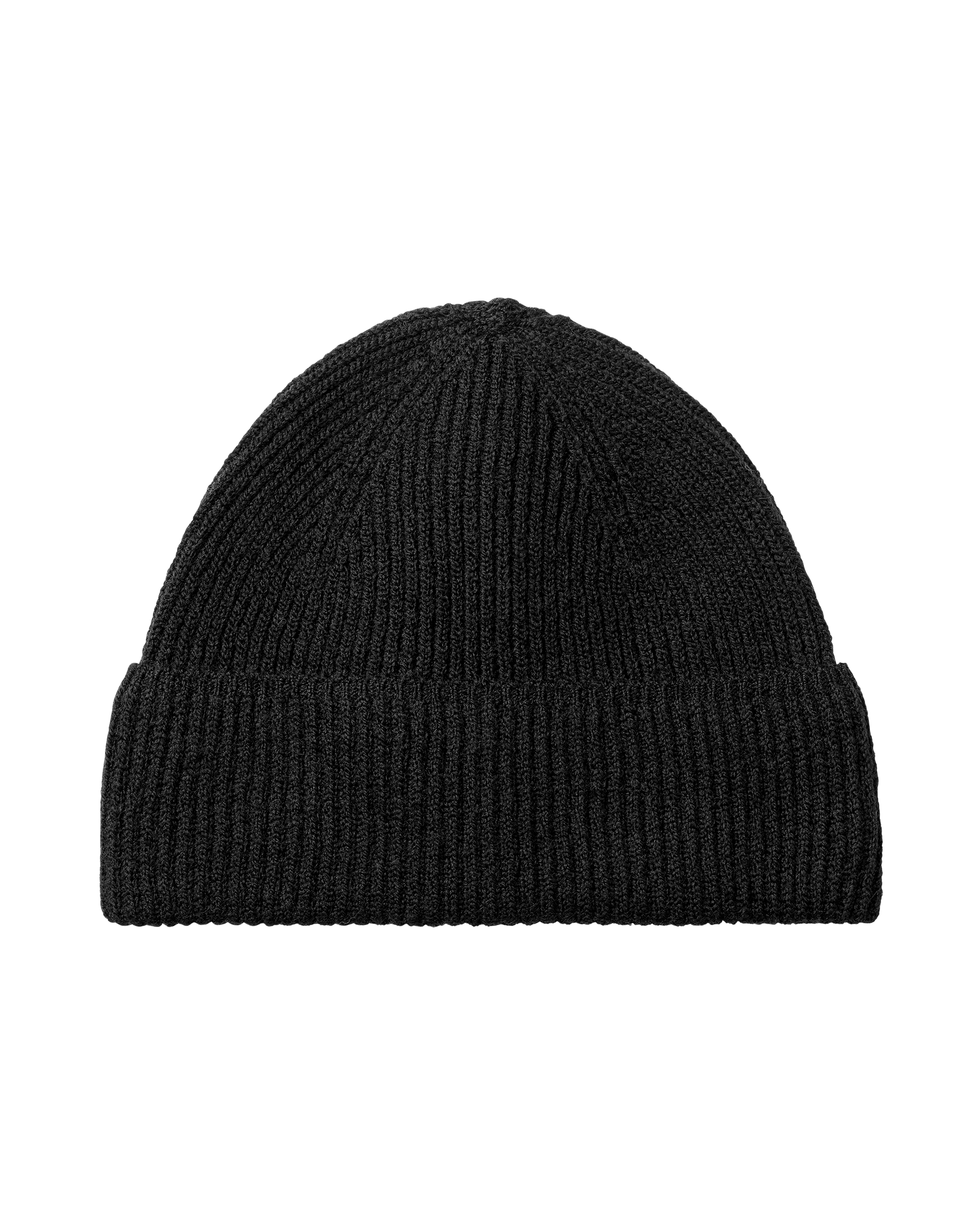 Black Off-Race Merino Knit Beanie, front flat lay with ribbed knit and folded cuff