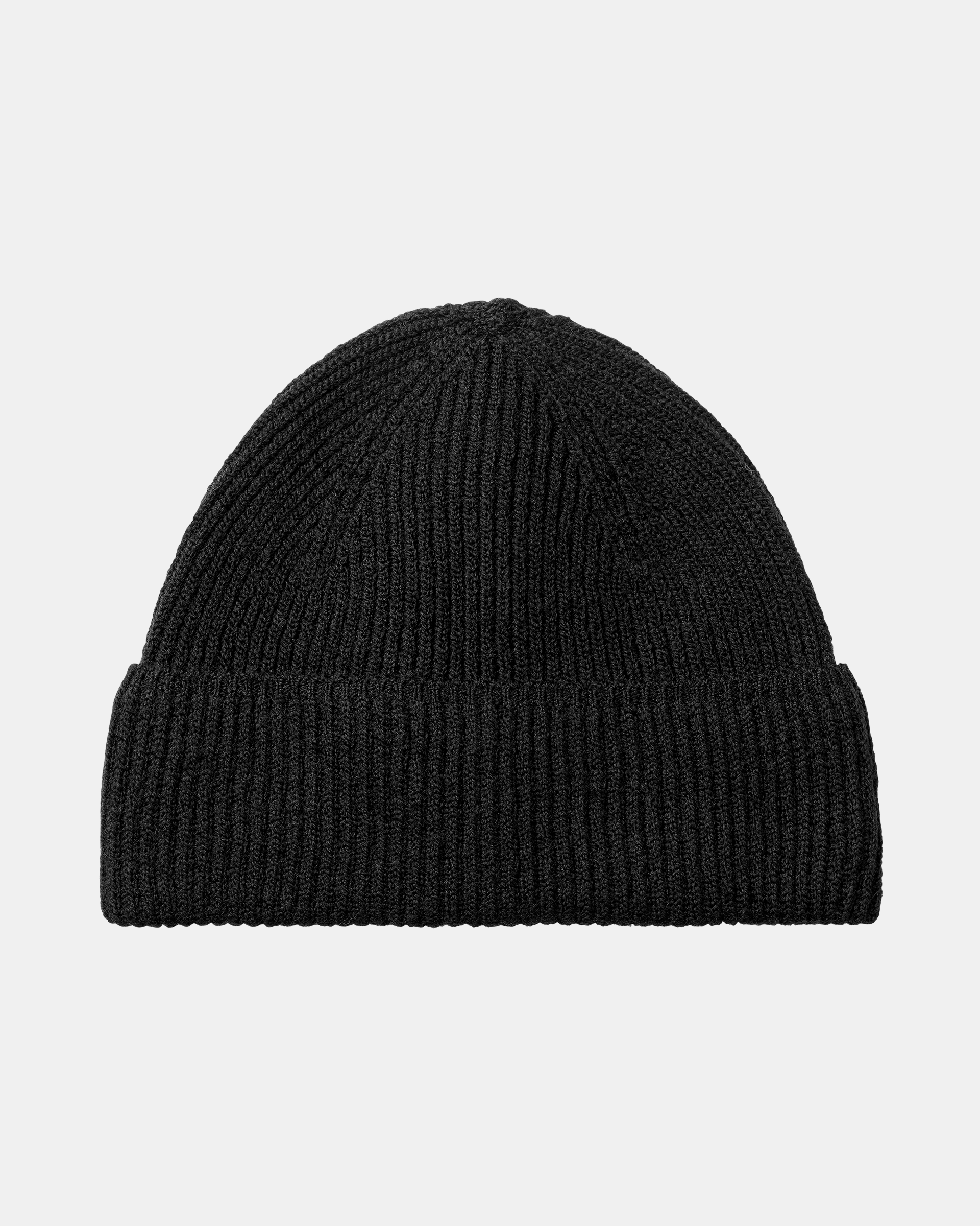 Black Off-Race Merino Knit Beanie, front flat lay with ribbed knit and folded cuff