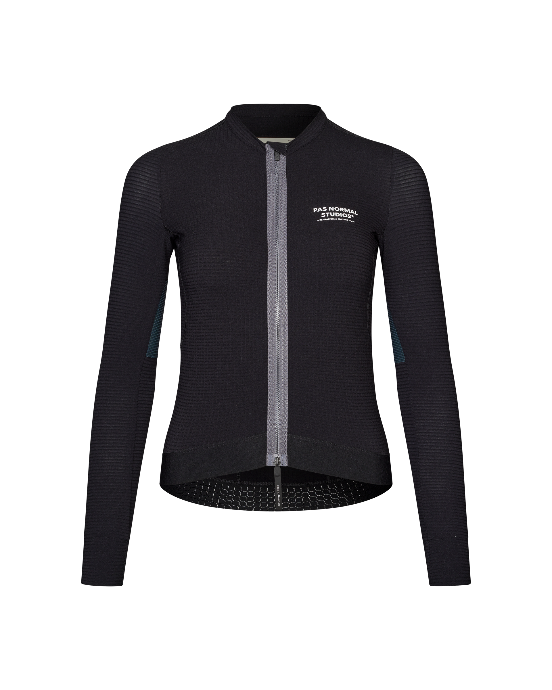 Black Escapism long sleeve cycling jersey, front view with ribbed texture and teal side panels