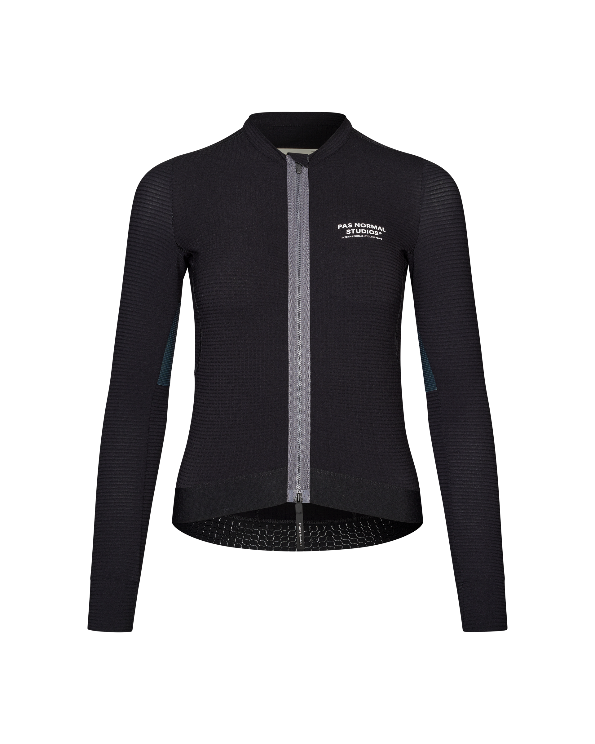 Black Escapism long sleeve cycling jersey, front view with ribbed texture and teal side panels