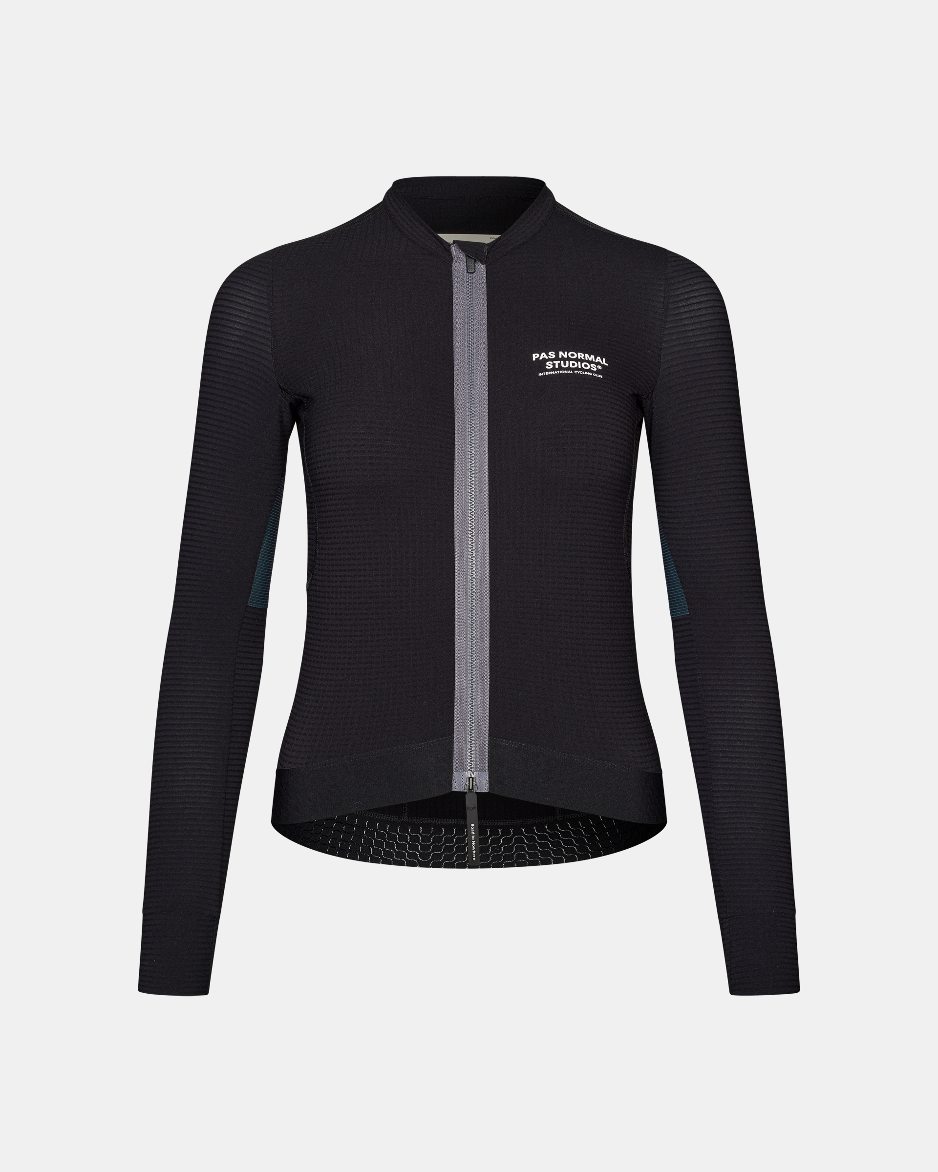 Black Escapism long sleeve cycling jersey, front view with ribbed texture and teal side panels