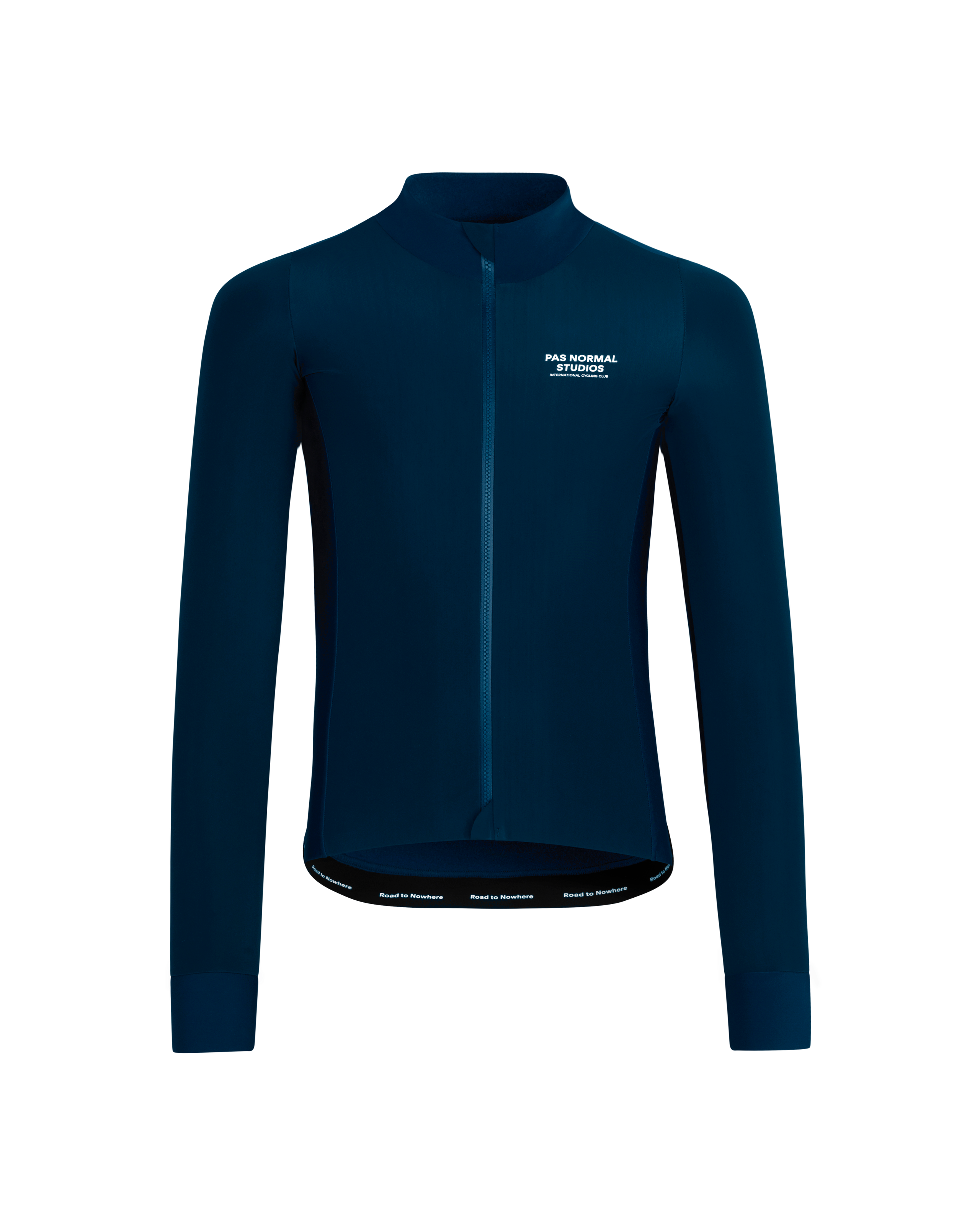 Navy Mechanism Thermal long sleeve cycling jersey, front view with full zip