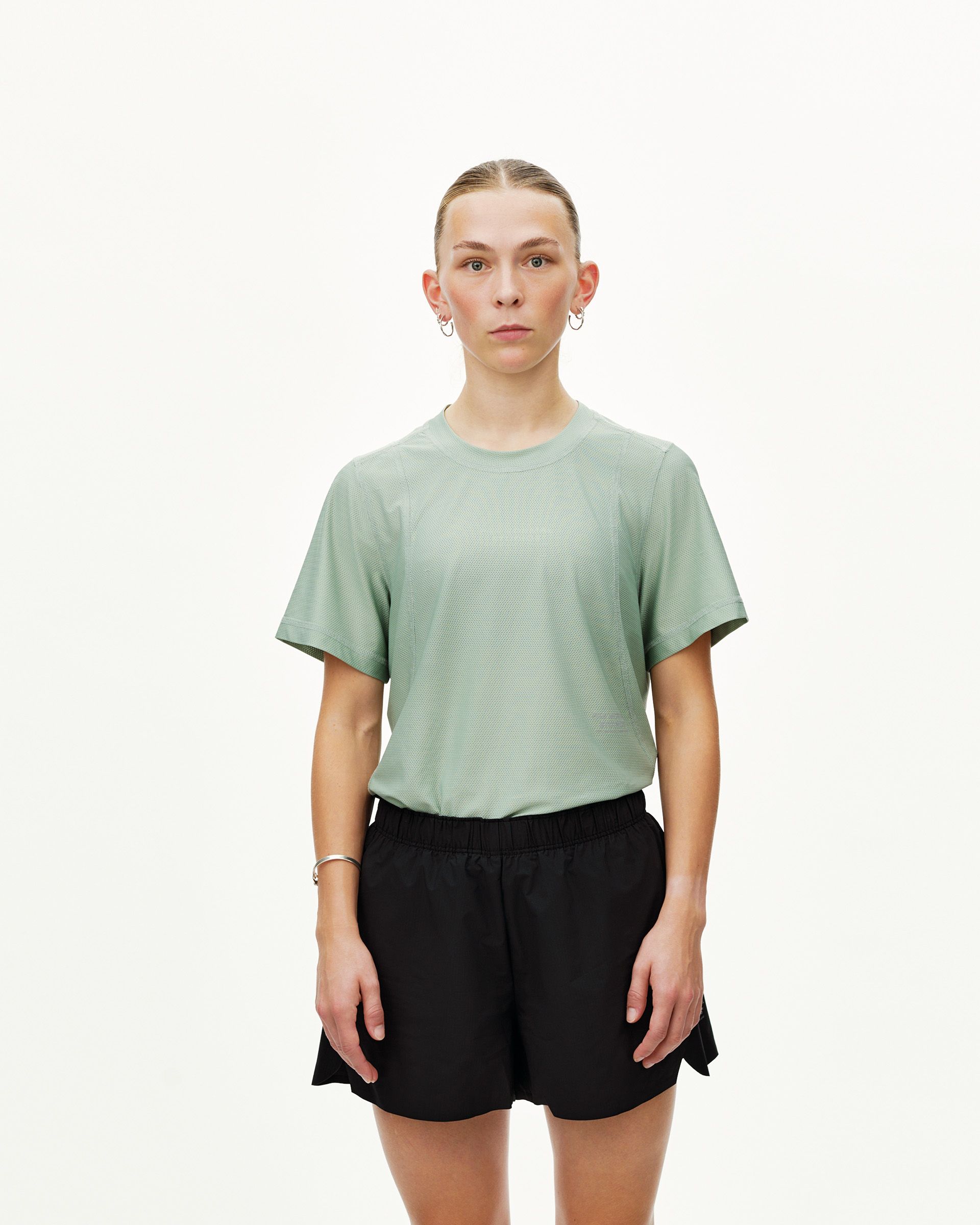 Black Balance shorts on model, front view with elastic waistband