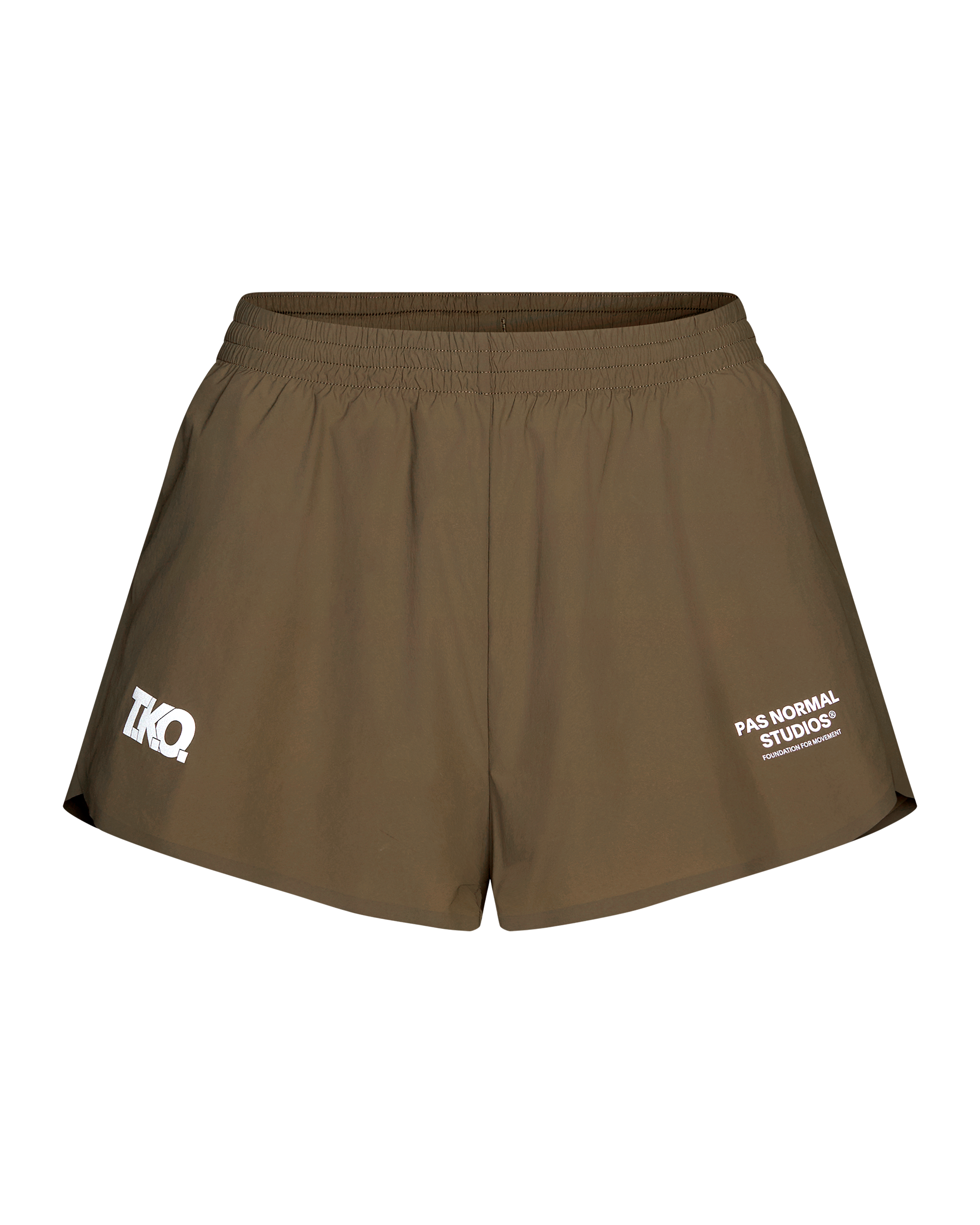 Brown T.K.O. Balance shorts, front flat lay with elastic waistband and white logo prints