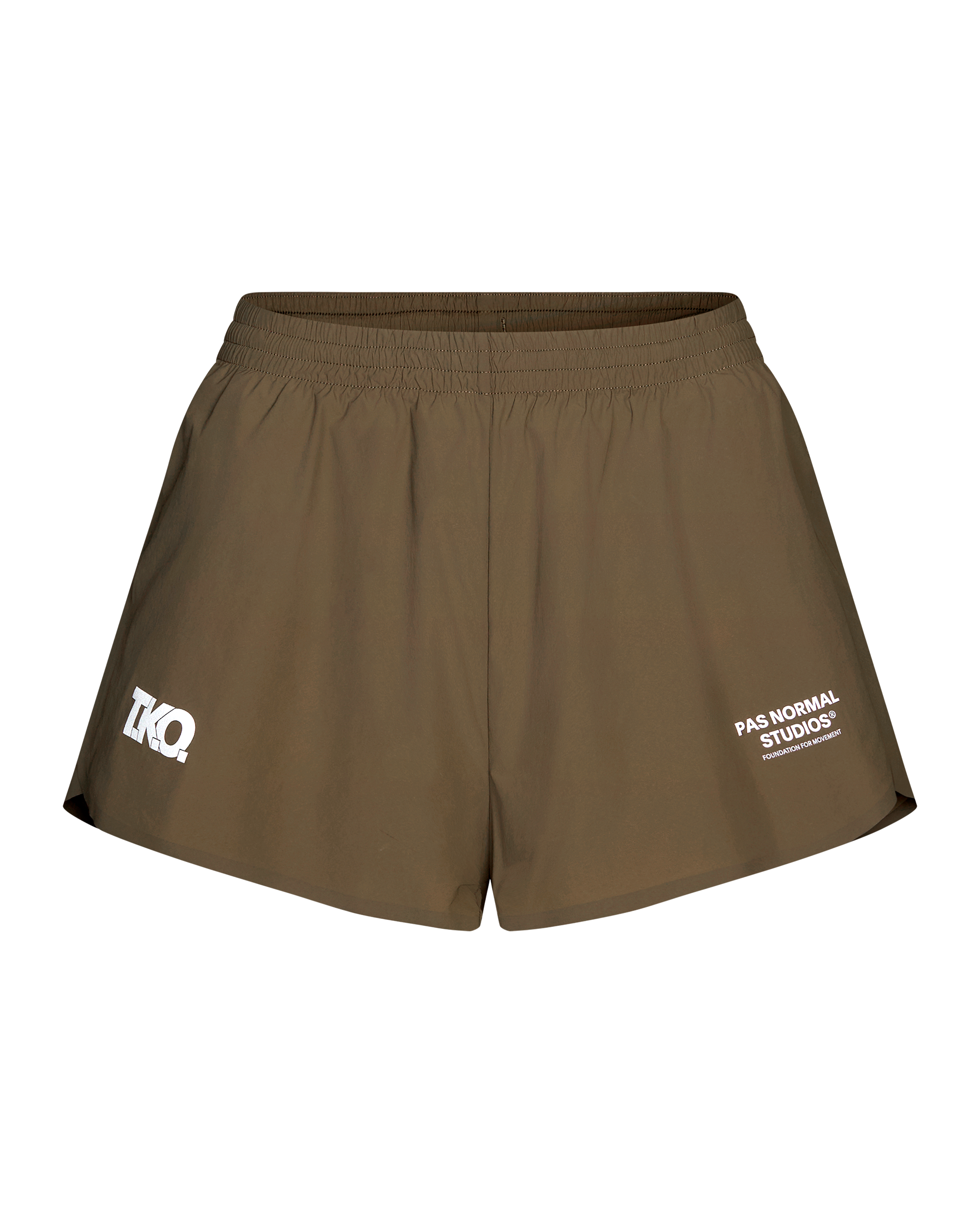 Brown T.K.O. Balance shorts, front flat lay with elastic waistband and white logo prints
