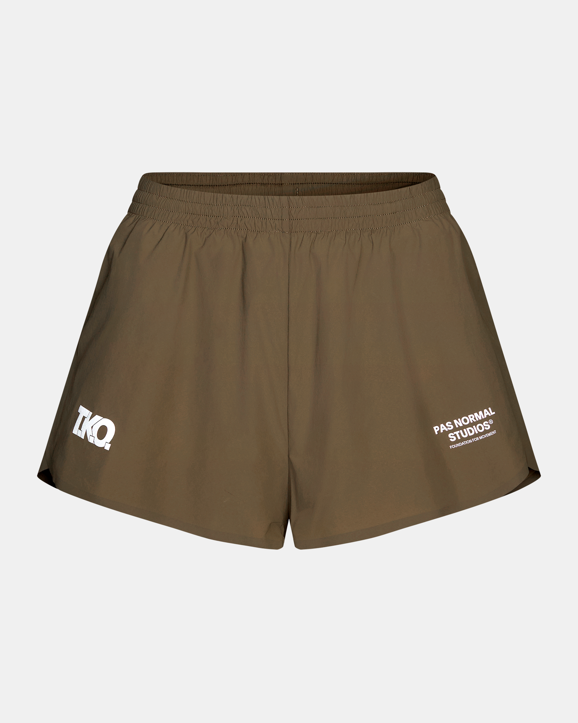 Brown T.K.O. Balance shorts, front flat lay with elastic waistband and white logo prints