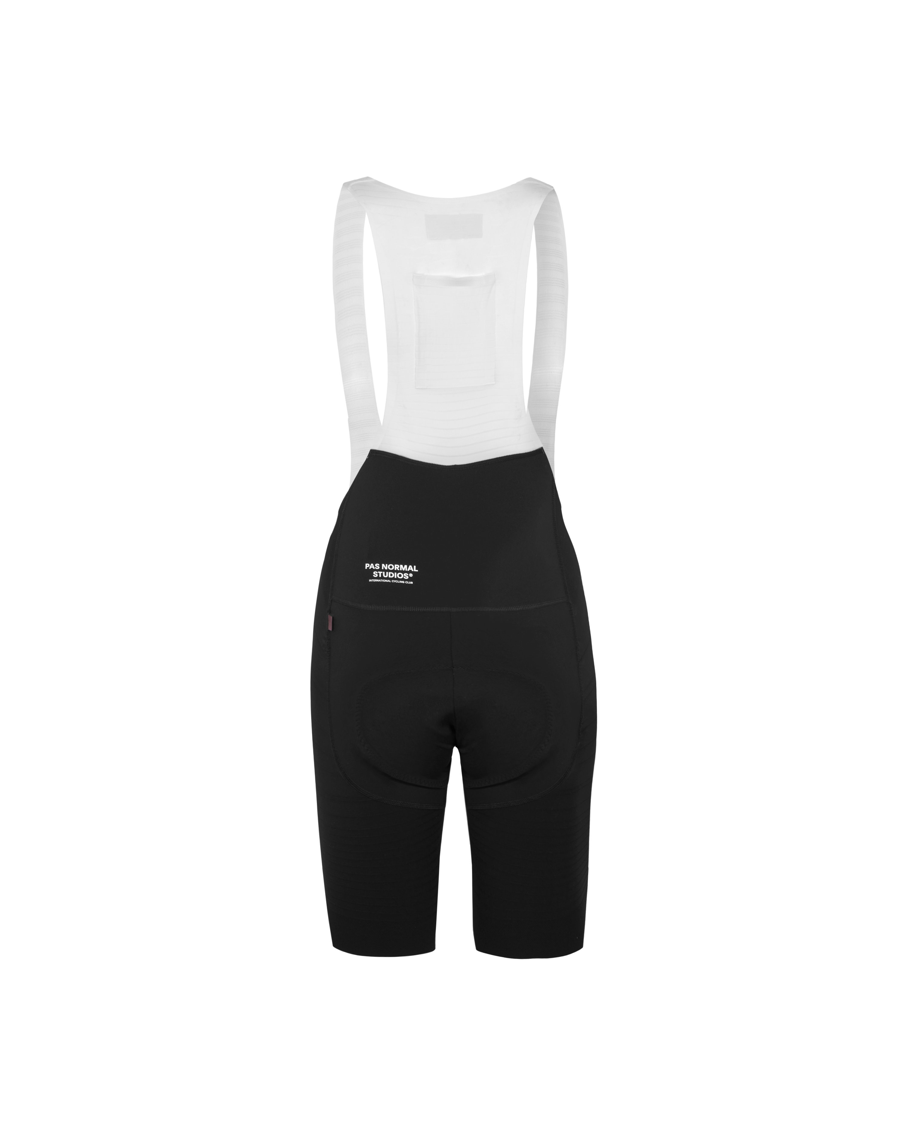 Black Mechanism Pro cycling bibs, rear view with white logo on high waistband