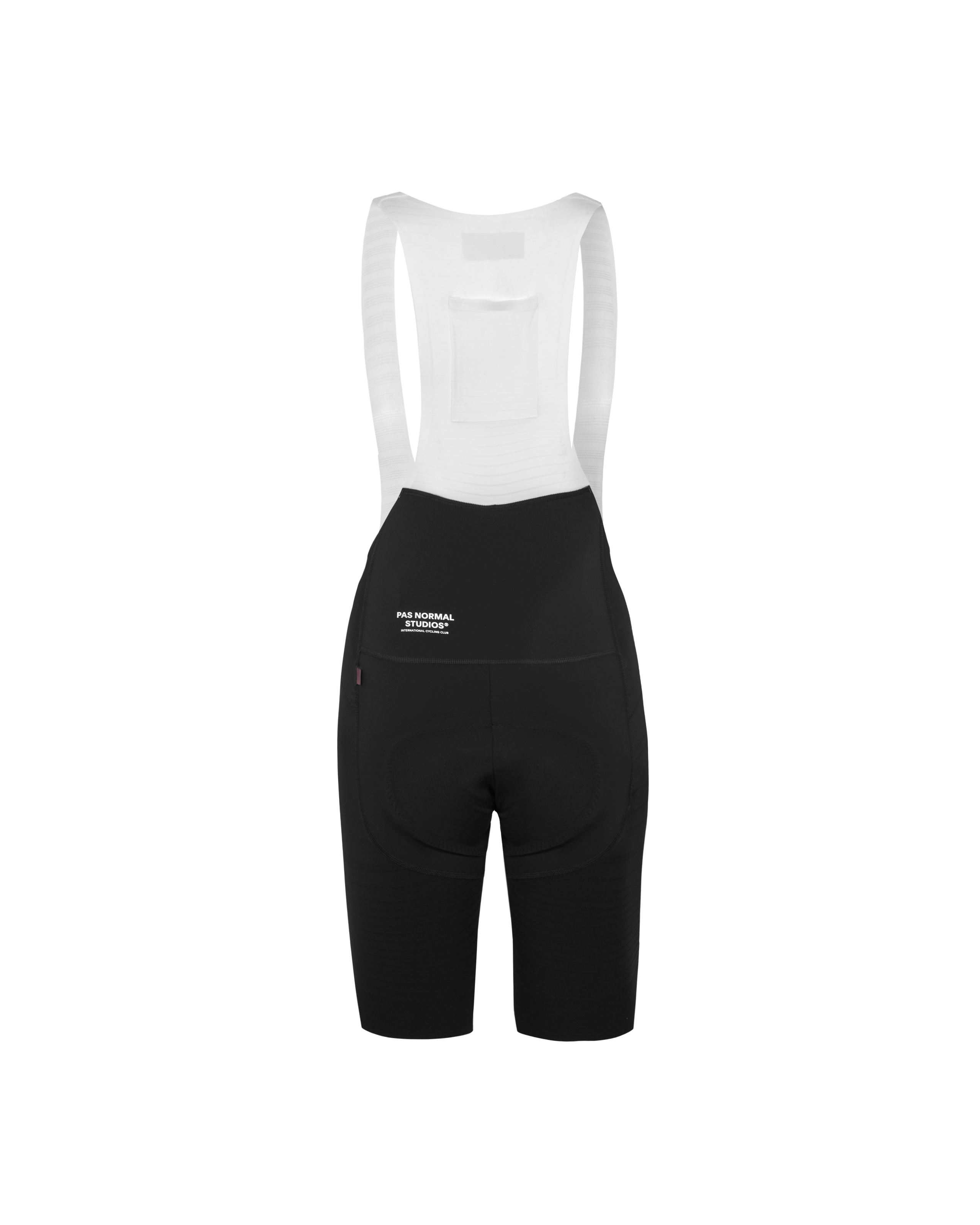 Black Mechanism Pro cycling bibs, rear view with white logo on high waistband