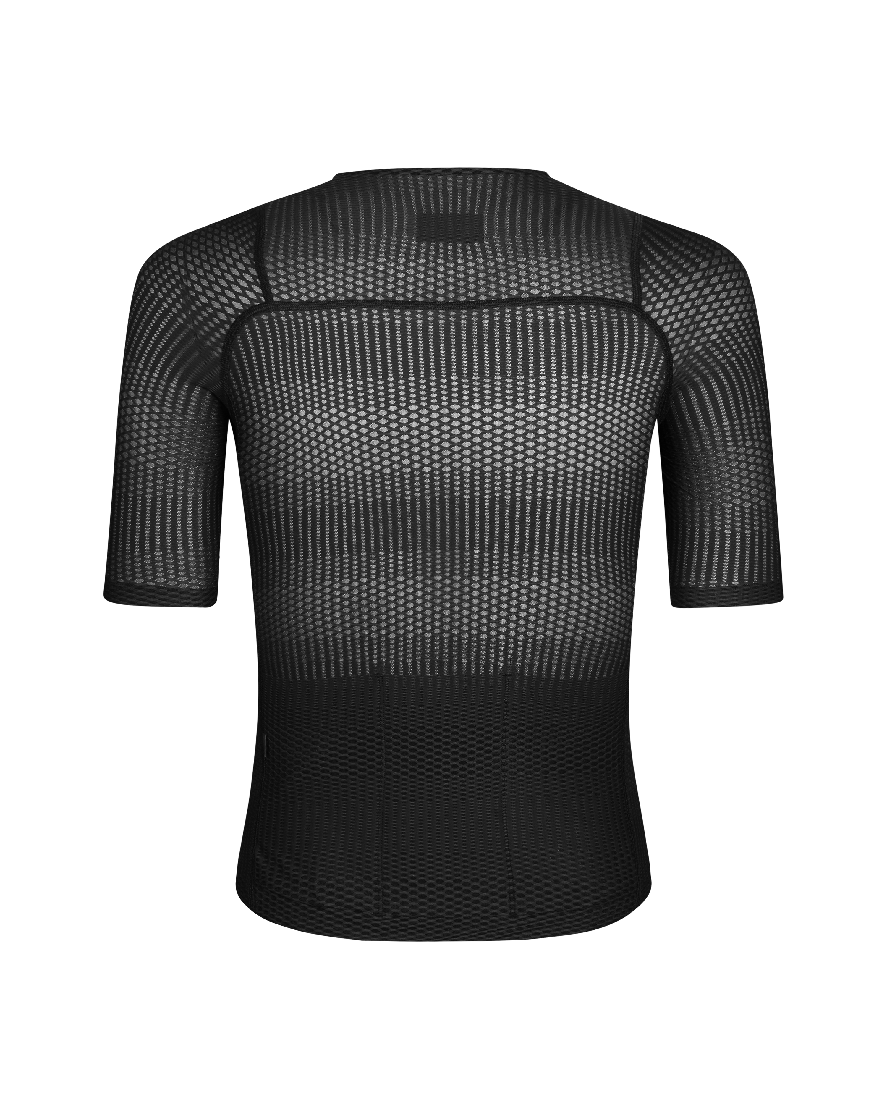 Black Mechanism Pro Zipless cycling jersey, rear view with geometric mesh pattern and solid lower panel