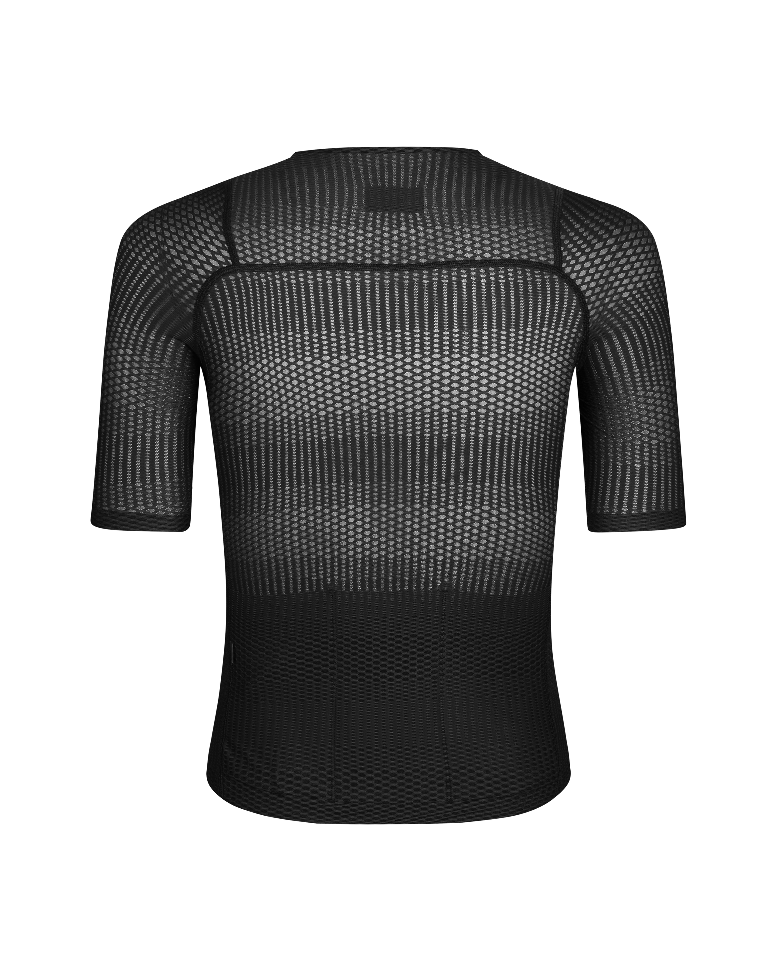 Black Mechanism Pro Zipless cycling jersey, rear view with geometric mesh pattern and solid lower panel