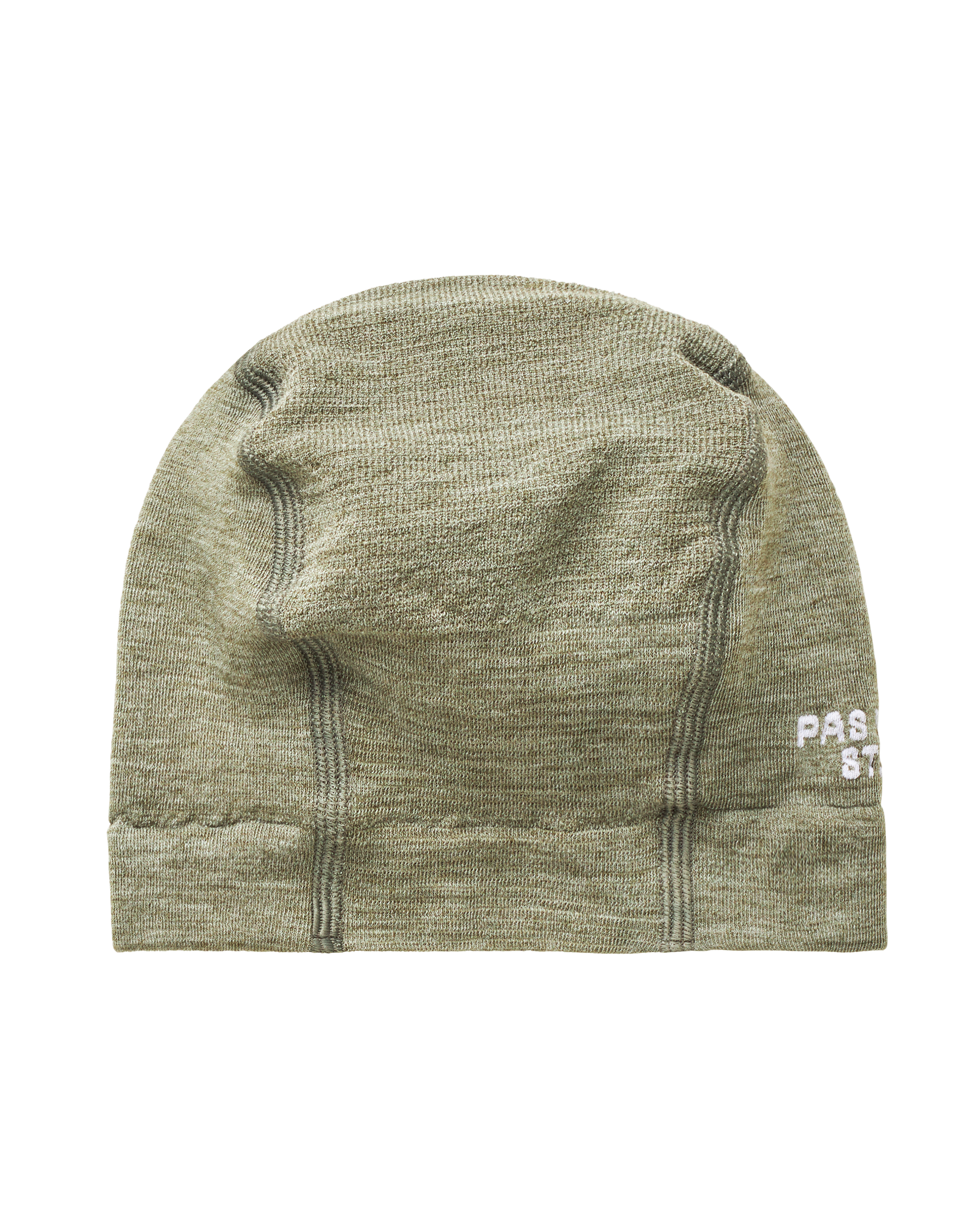 Khaki Green Logo Merino Knit beanie, front view with white embroidered logo
