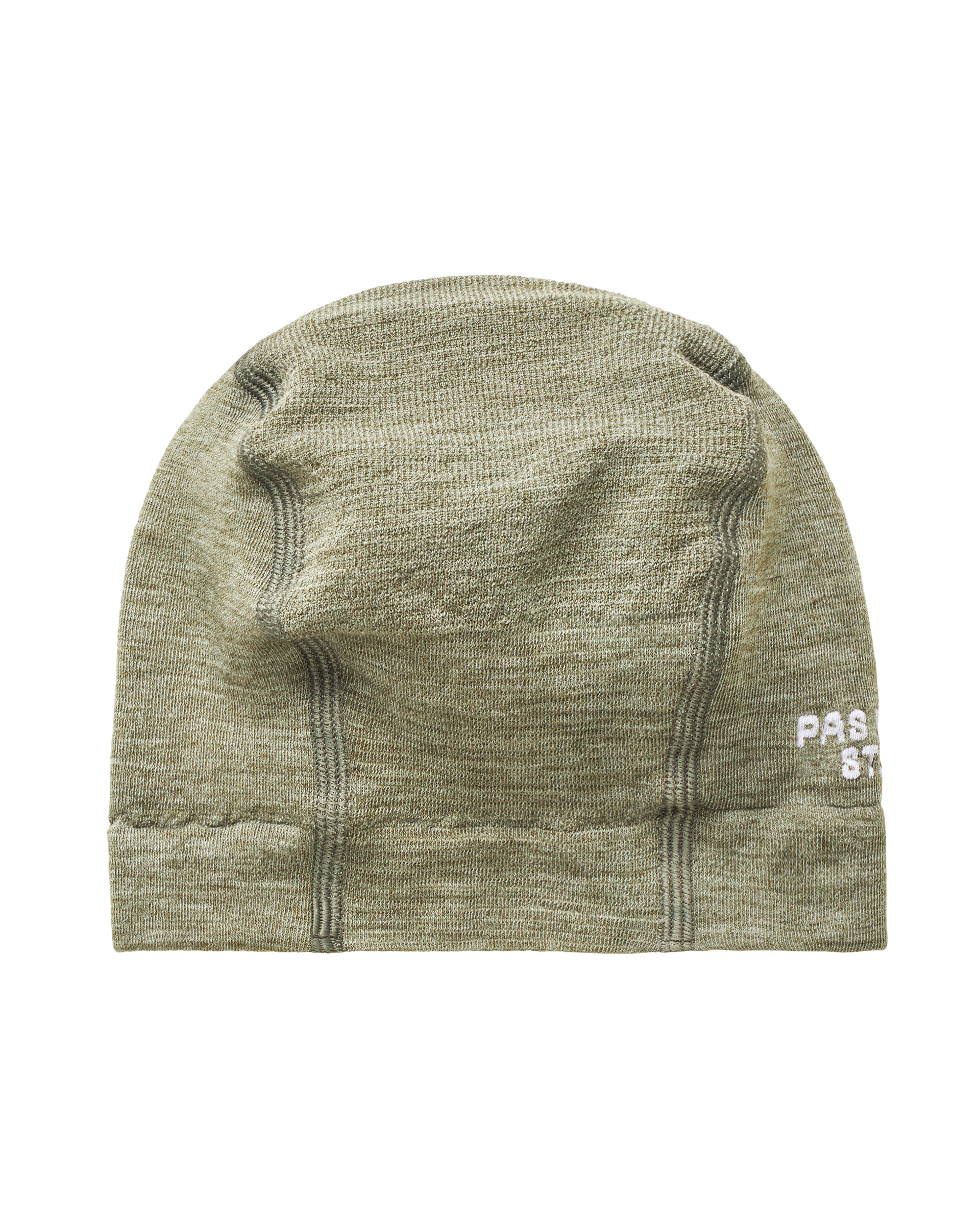 Khaki Green Logo Merino Knit beanie, front view with white embroidered logo