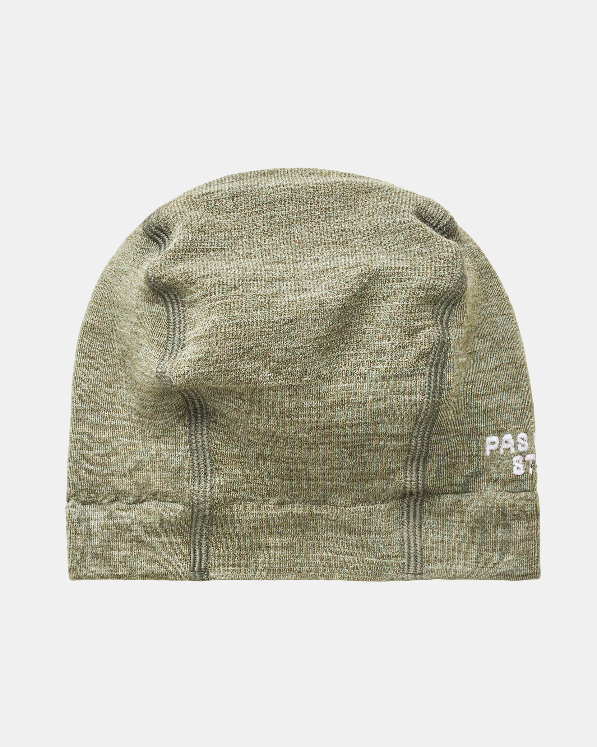 Khaki Green Logo Merino Knit beanie, front view with white embroidered logo