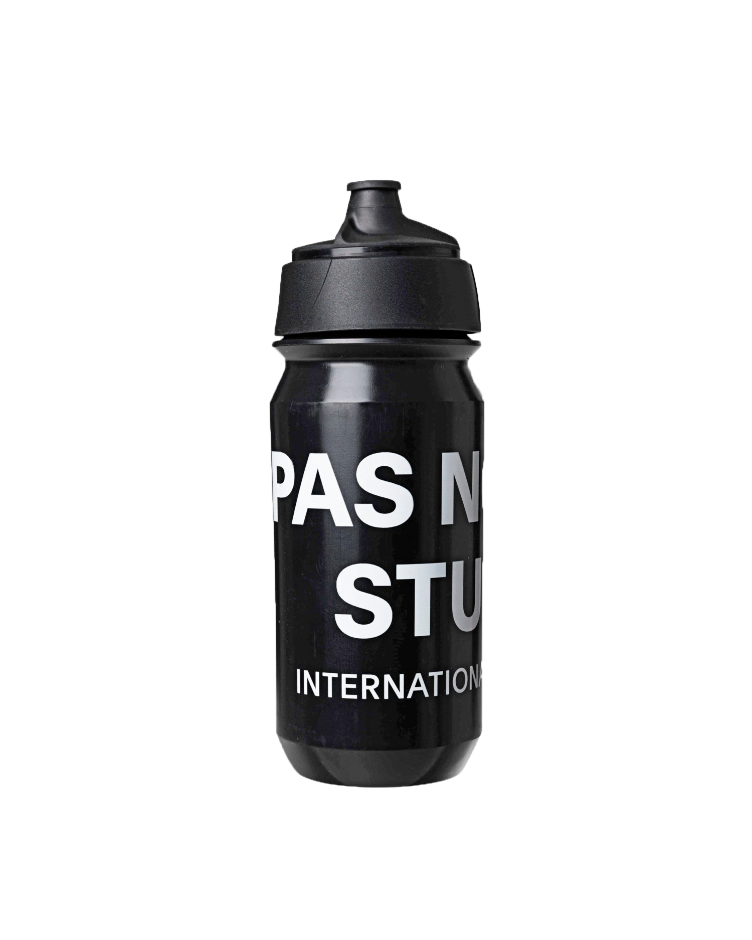 Black Essential Logo water bottle with white text and pull-top cap