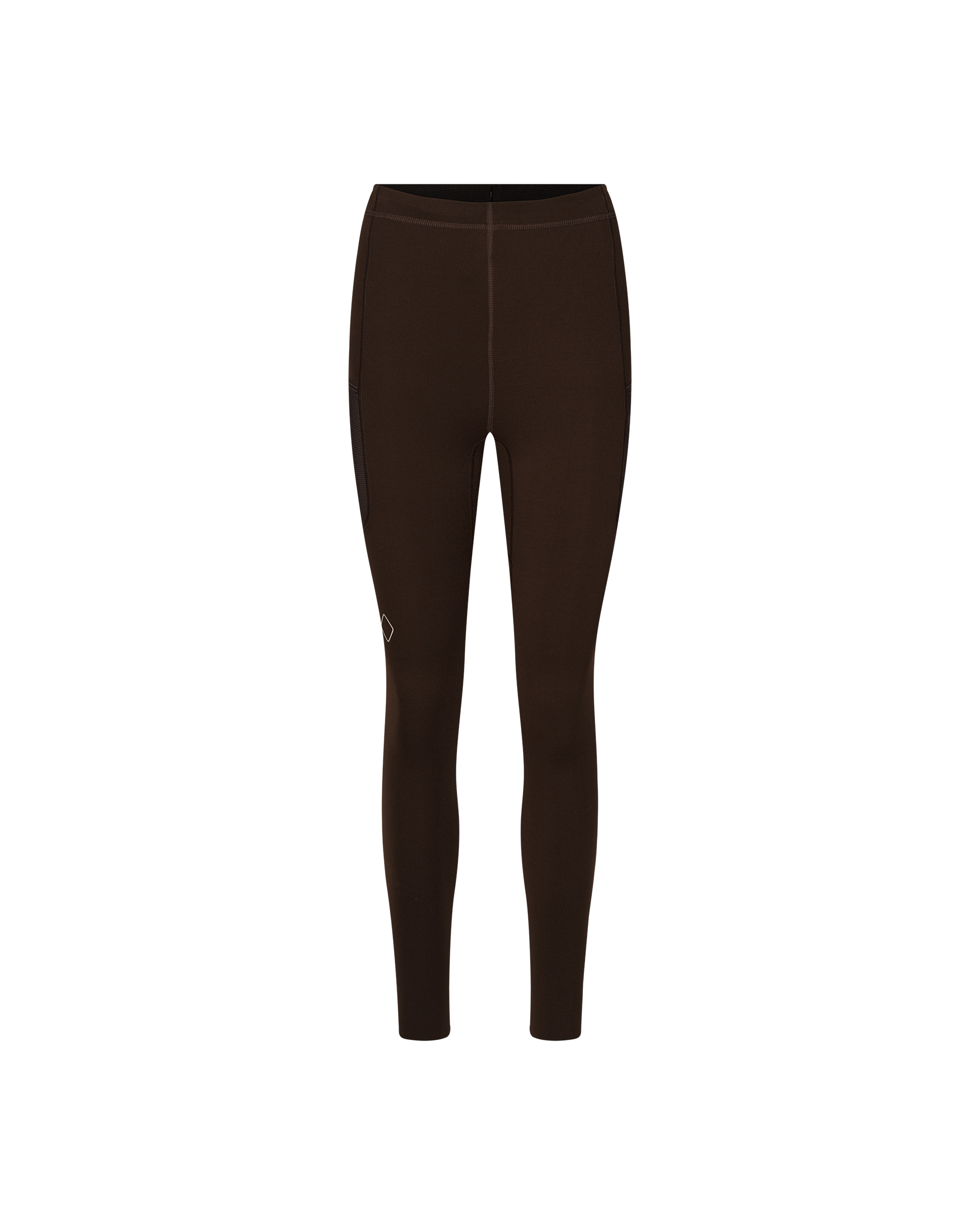 Dark Coffee Balance women's long tights, front flat lay with side zip pocket and diamond logo patch