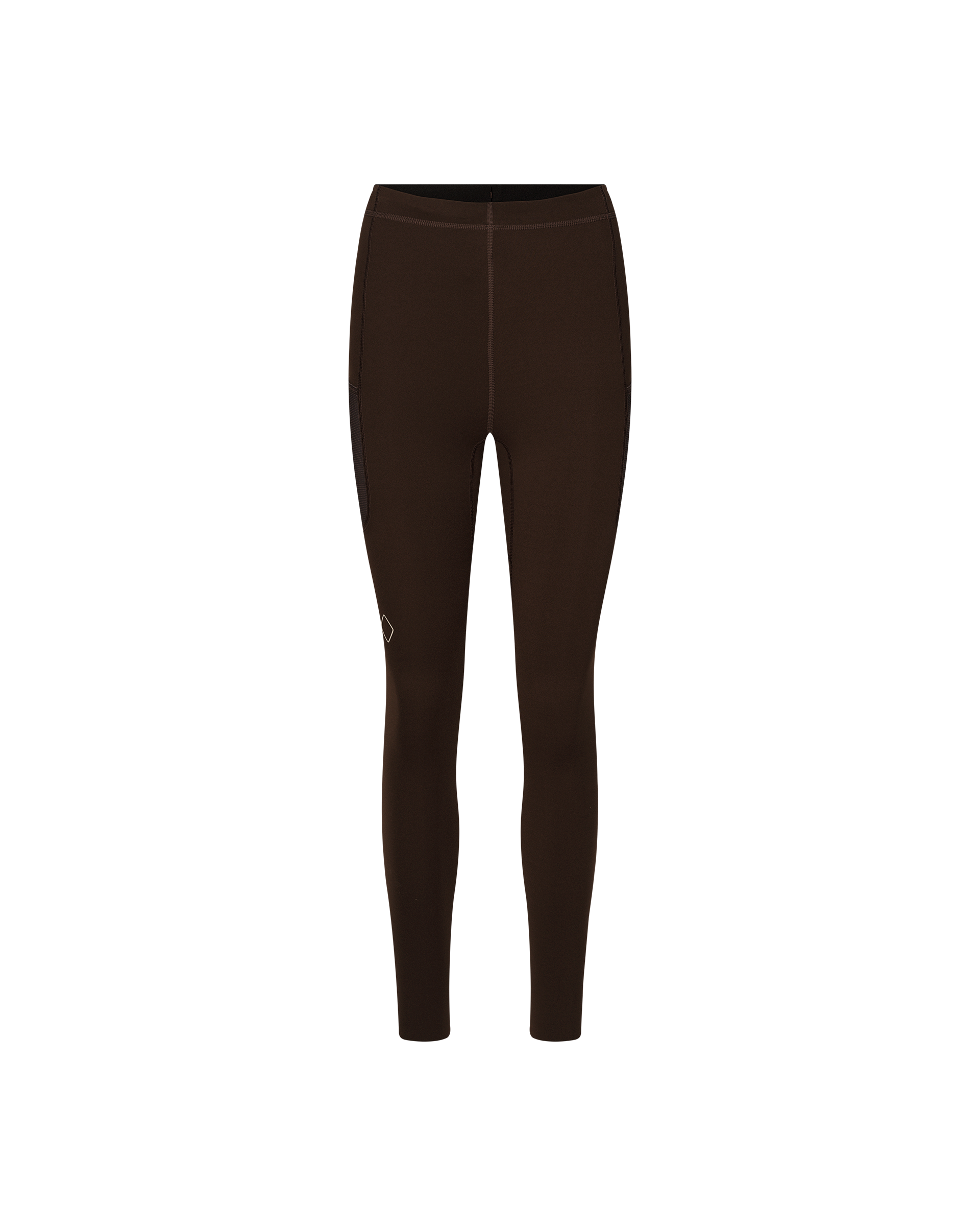 Dark Coffee Balance women's long tights, front flat lay with side zip pocket and diamond logo patch