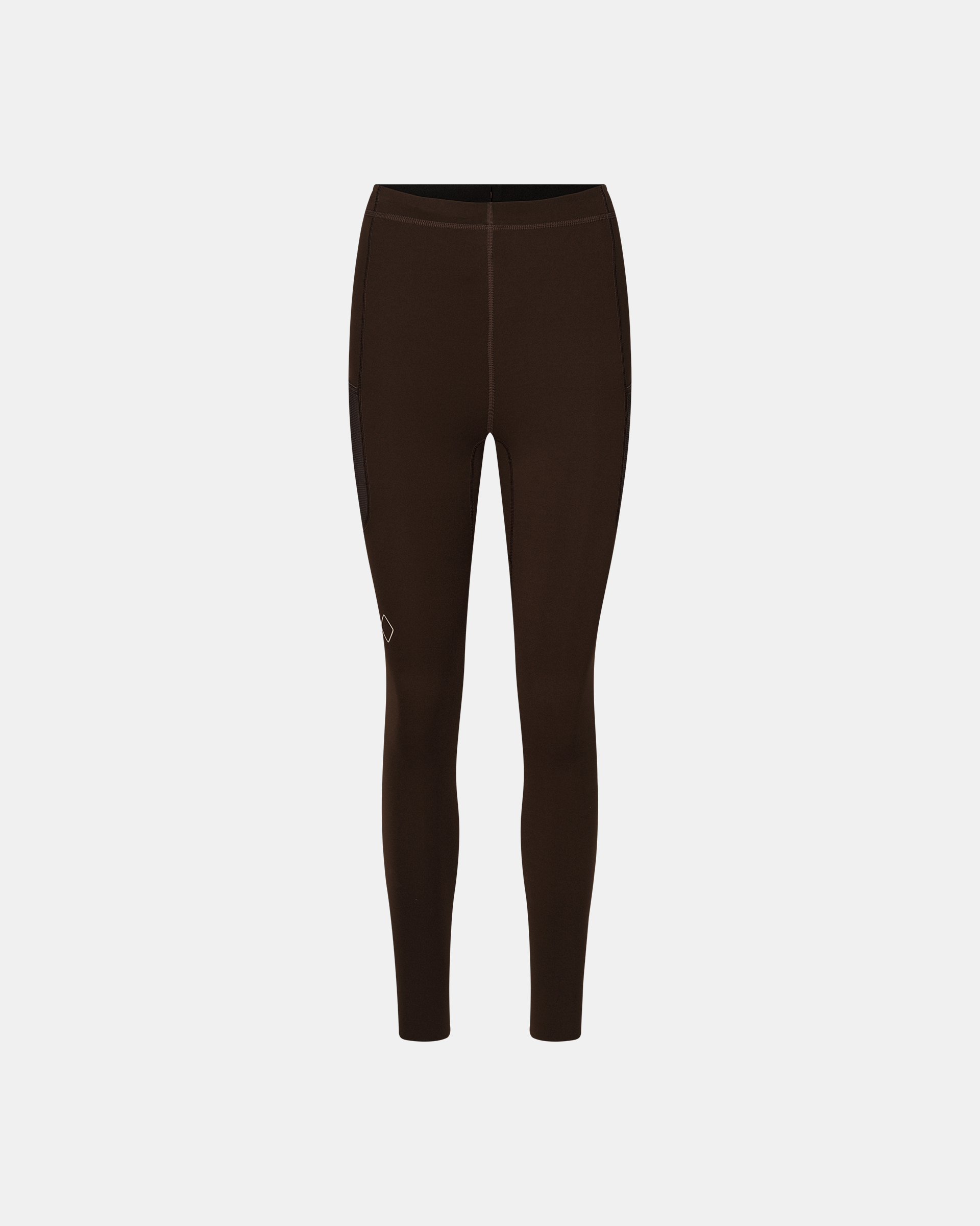 Dark Coffee Balance women's long tights, front flat lay with side zip pocket and diamond logo patch