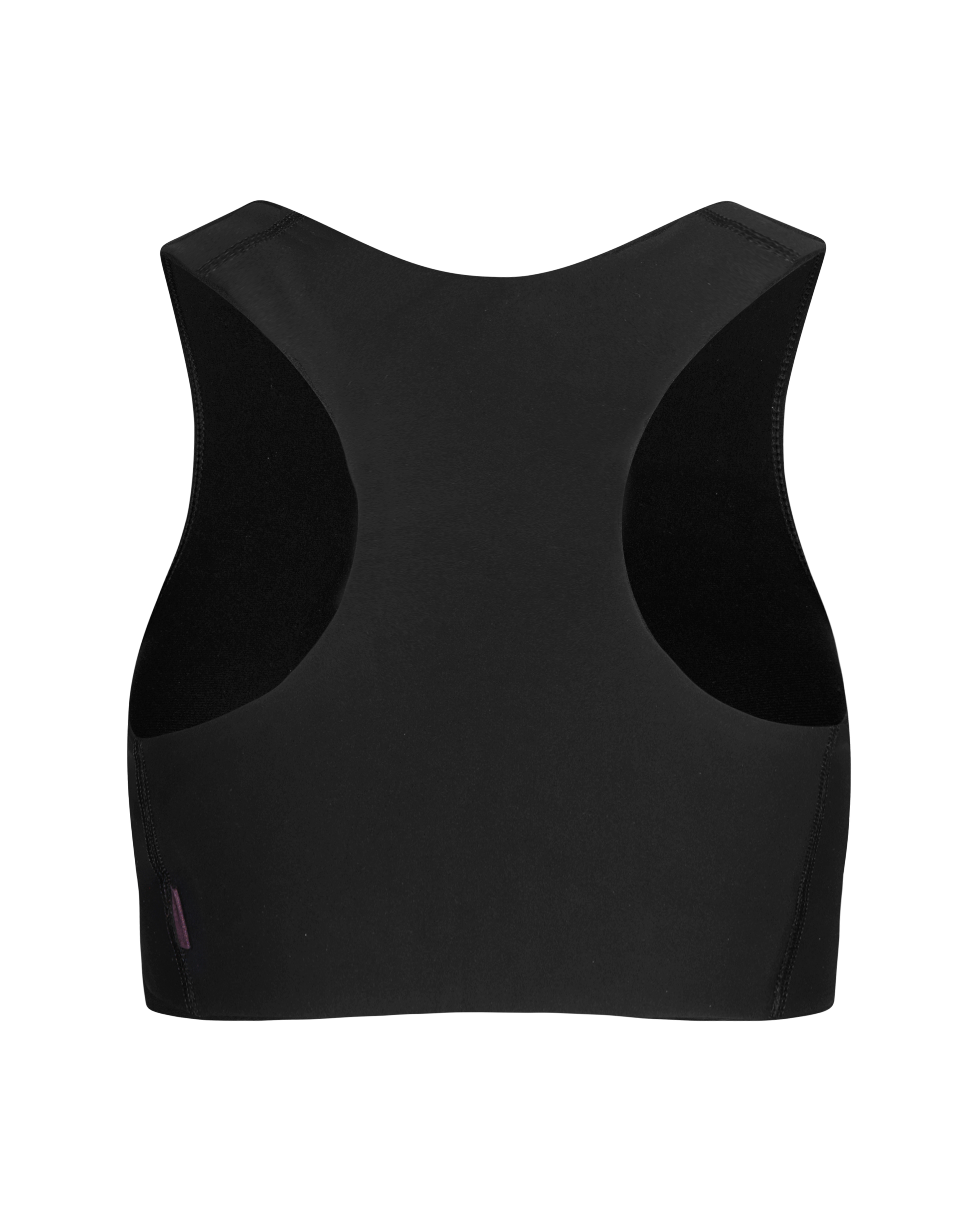 Black Balance bra, rear flat lay with racerback design and purple accent tab
