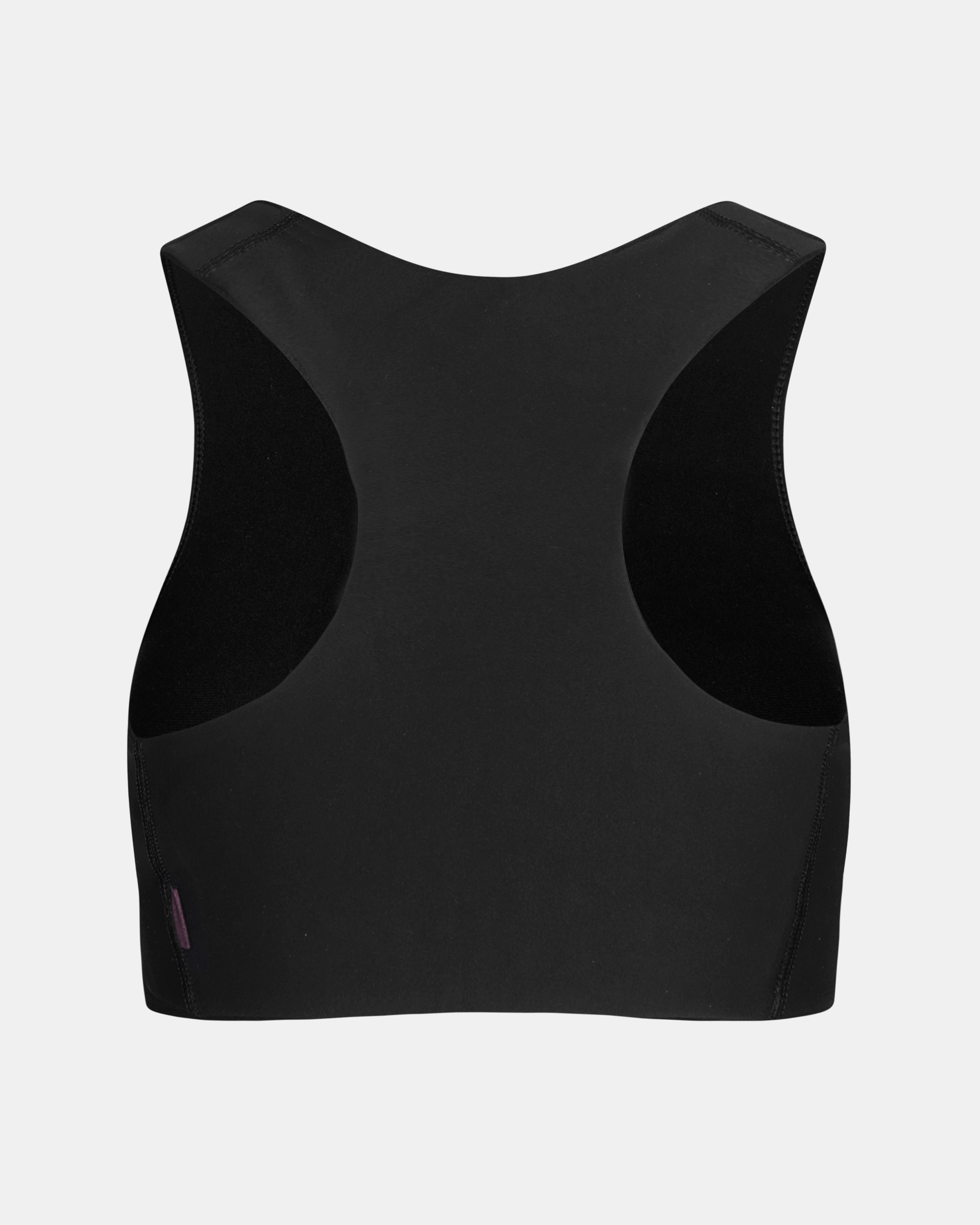 Black Balance bra, rear flat lay with racerback design and purple accent tab