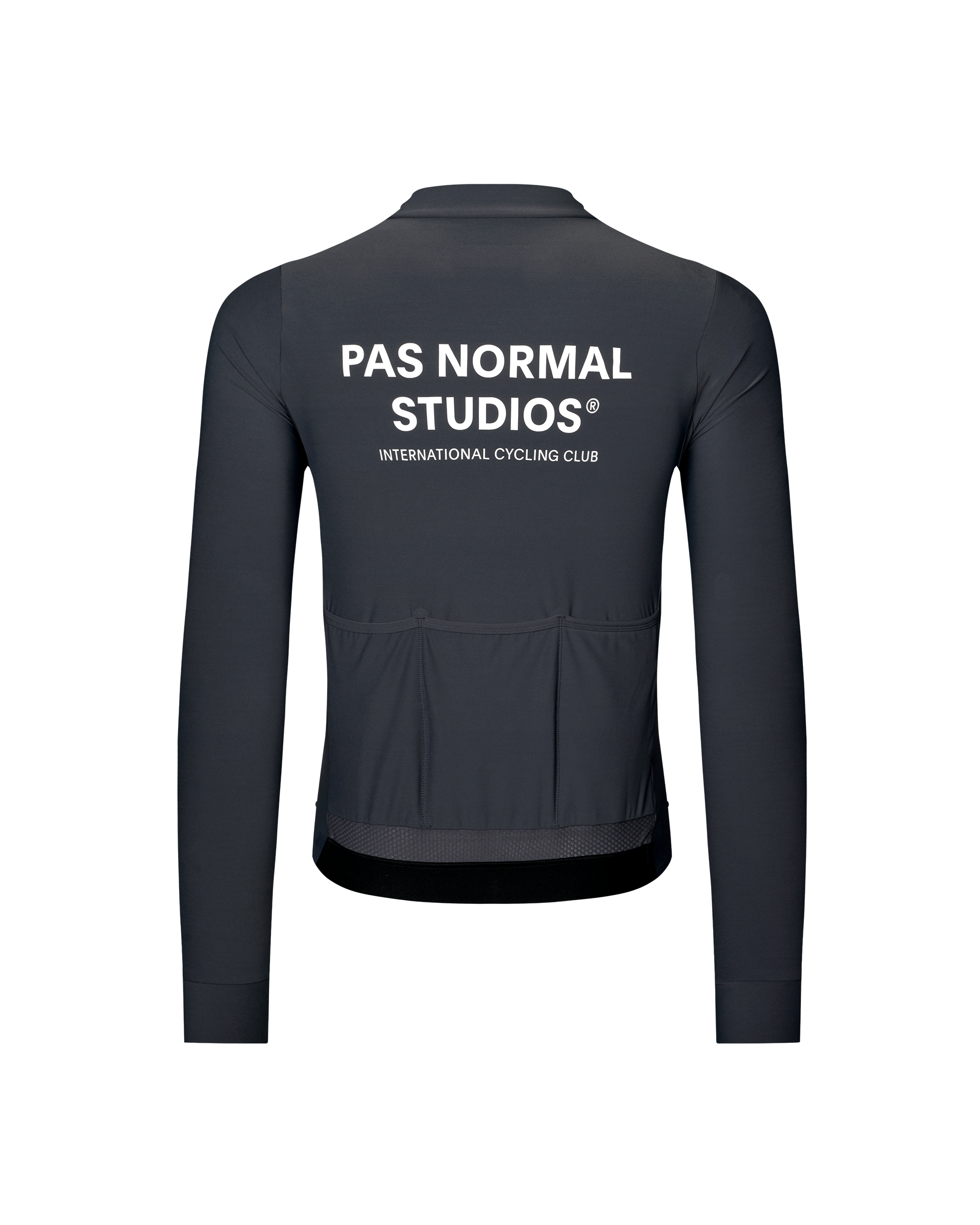 Dark Navy Mechanism long sleeve cycling jersey, rear flat lay with three back pockets and white chest print
