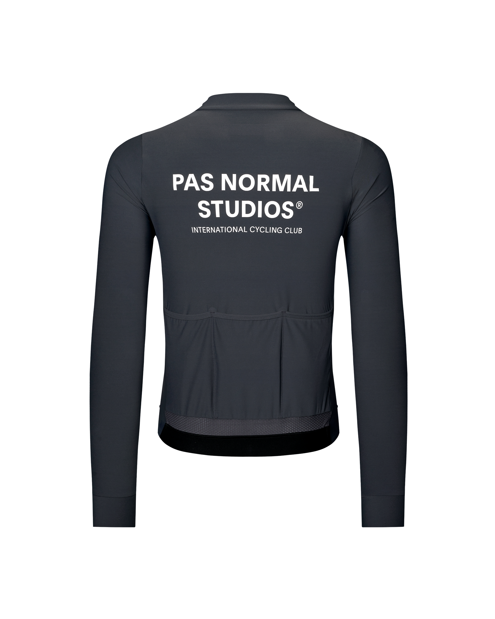 Dark Navy Mechanism long sleeve cycling jersey, rear flat lay with three back pockets and white chest print